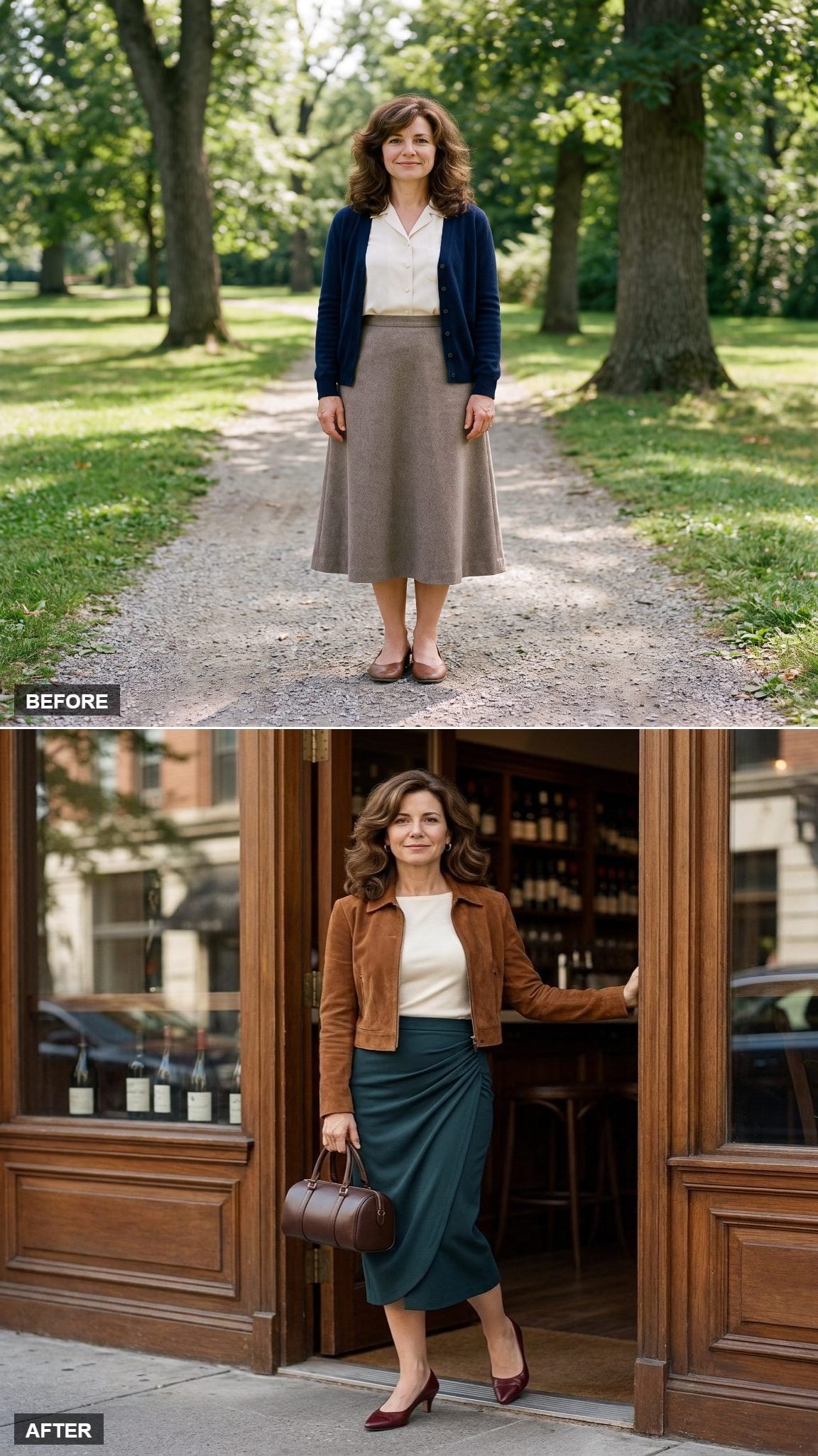Dark-Teal Draped Jersey Midi with Cognac Suede Jacket and Oxblood Smoking Slippers at the Wine Bar
