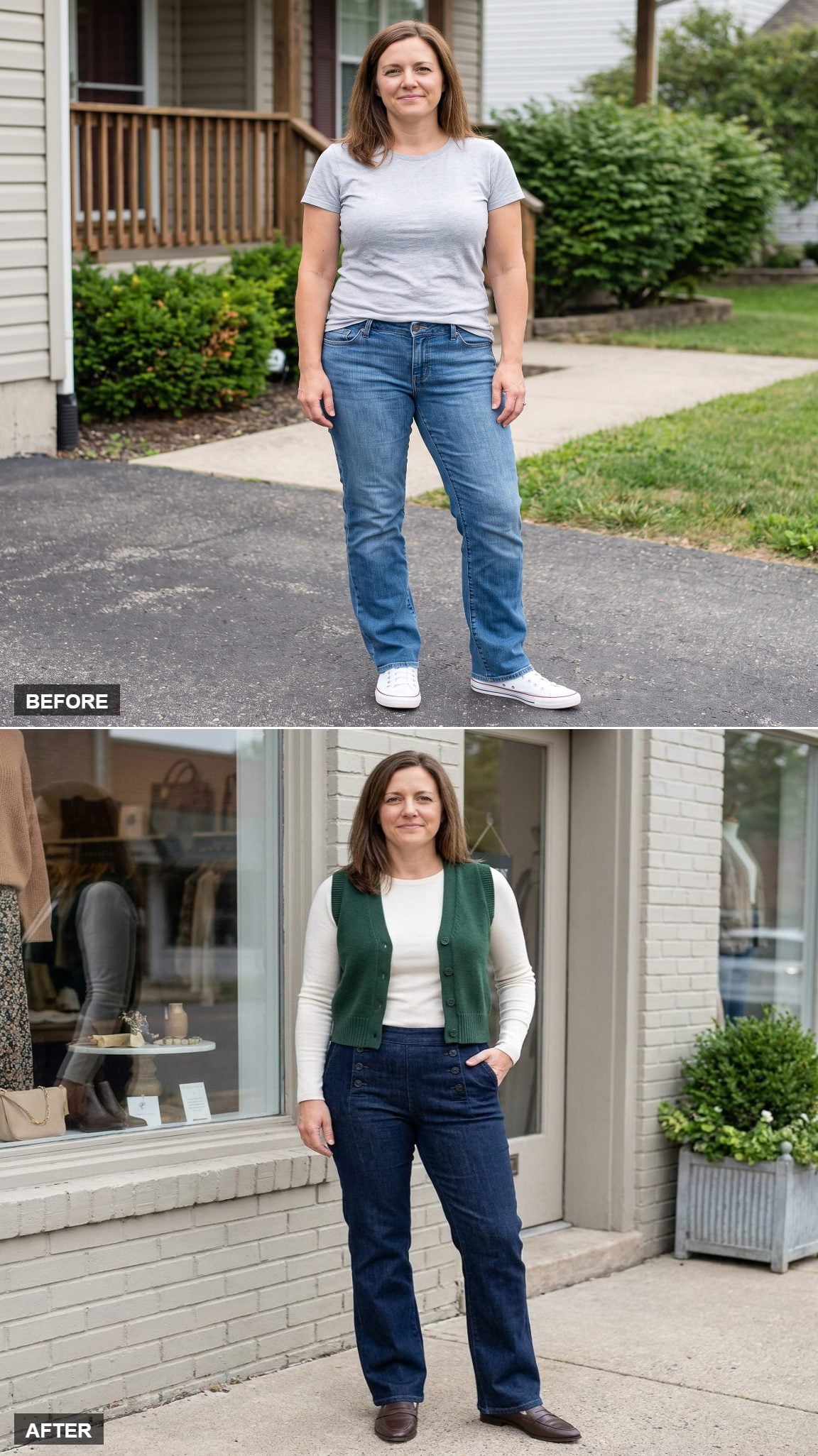 Dark-Wash Sailor-Front Trouser Jeans, Forest-Green Knit Vest, and Brown Loafers Outside a Boutique