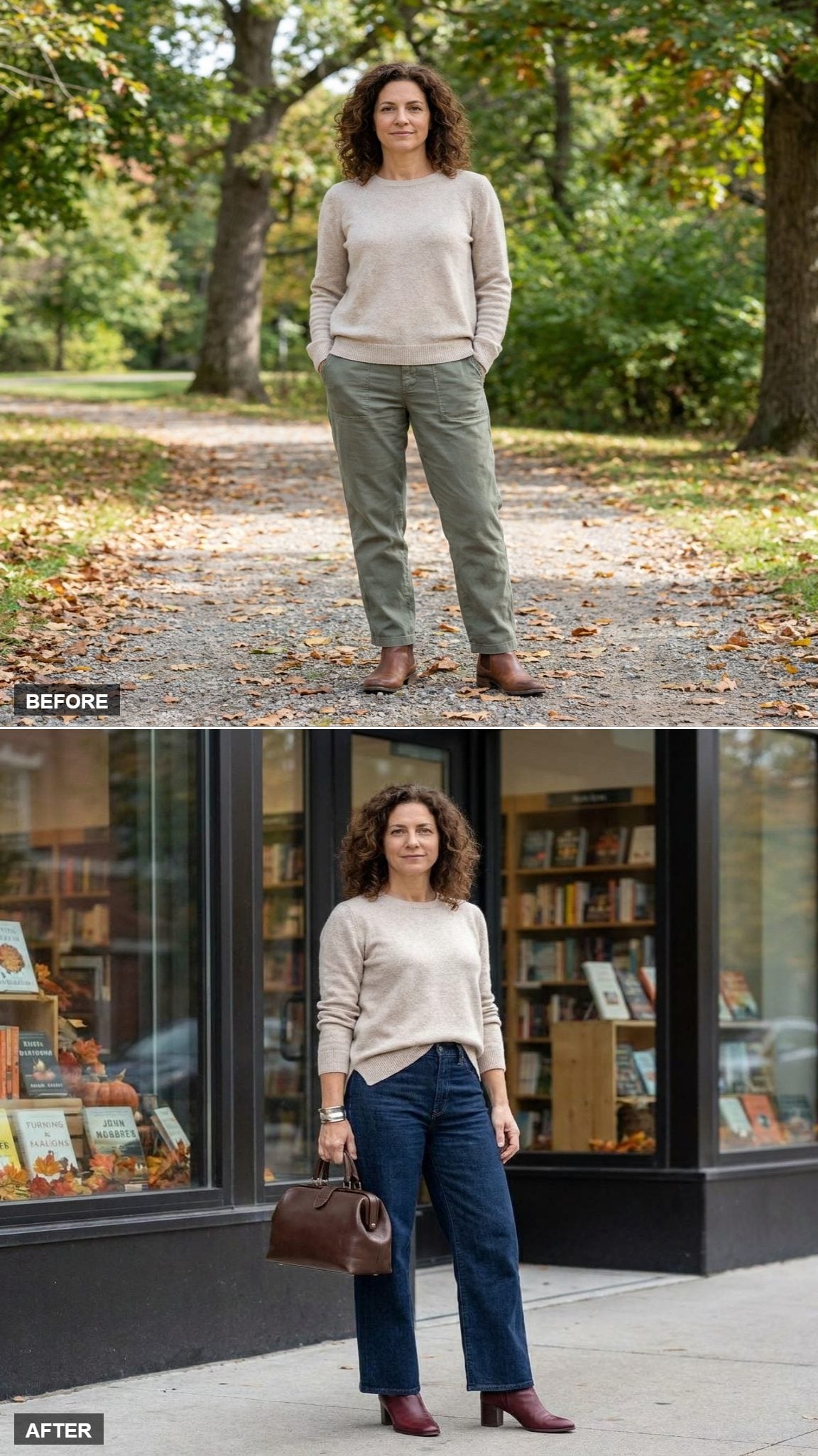 Dark Wide-Leg Jeans, One Asymmetric Side Tuck, and Deep-Red Heeled Ankle Boots