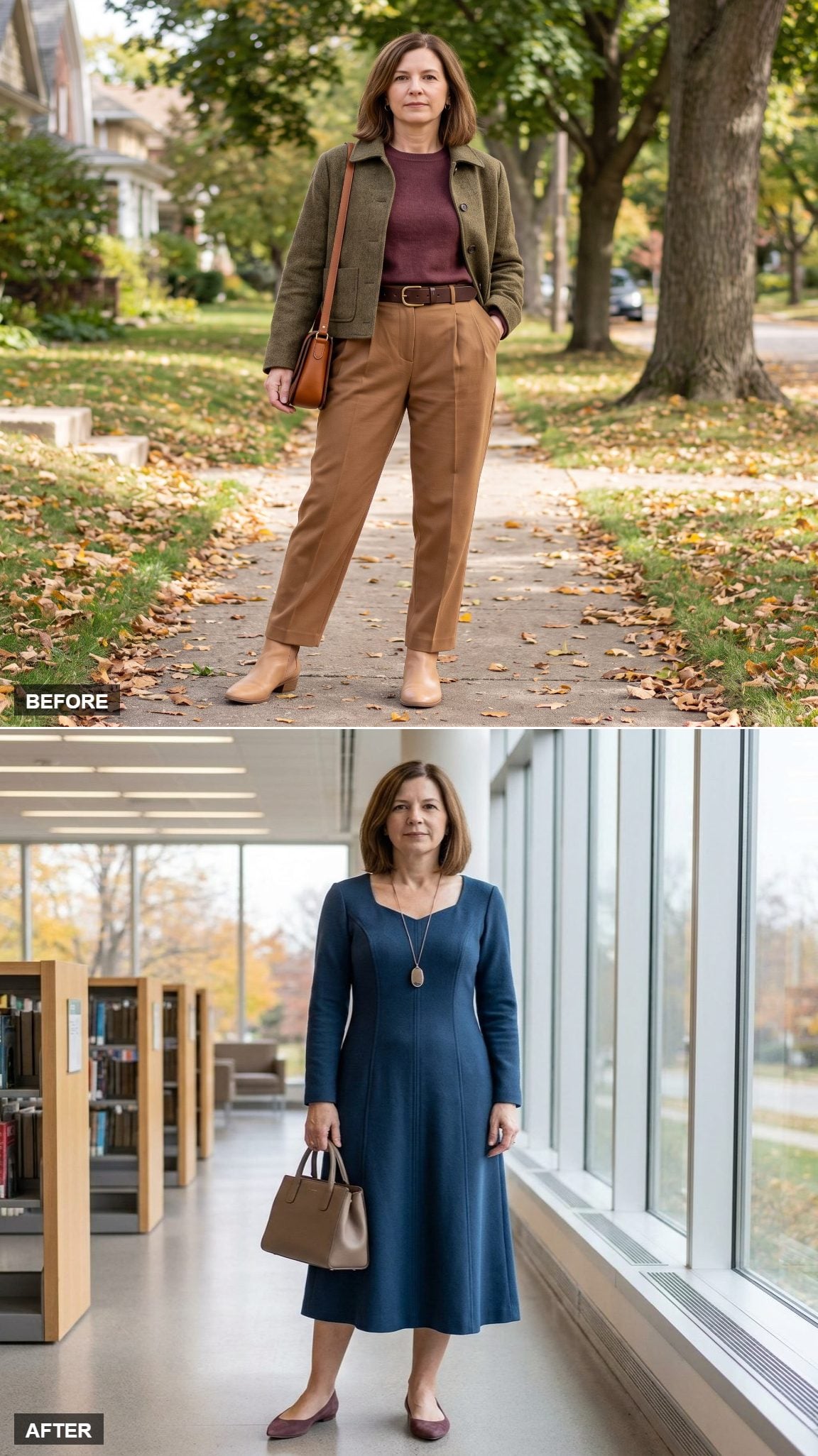 Deep-Blue Wool Crepe Midi Dress With Vertical Seaming, Long Pendant, and Plum Ballet Flats