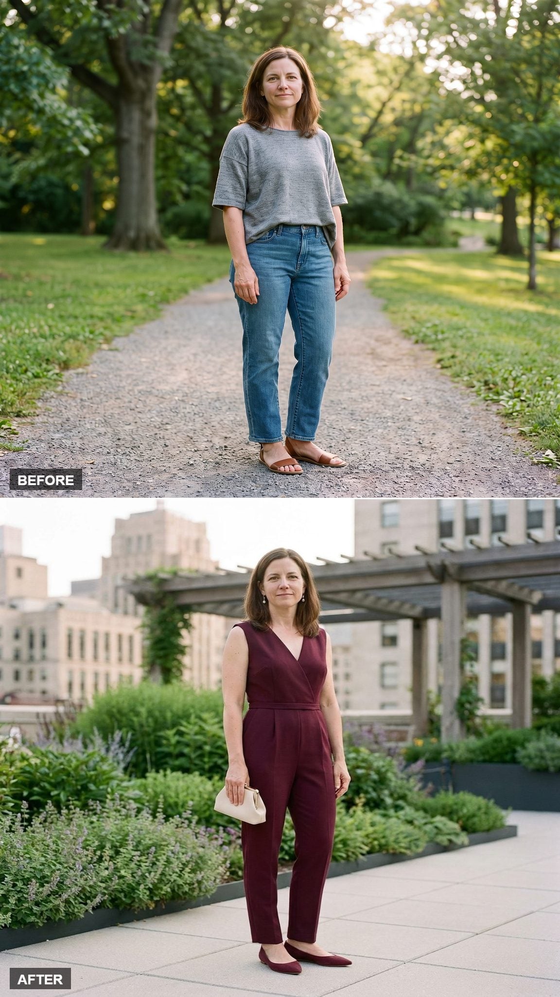 Deep Burgundy Tailored Jumpsuit, Matching Pointed Flats, and Why a Self-Belt at the True Waist Changes Everything