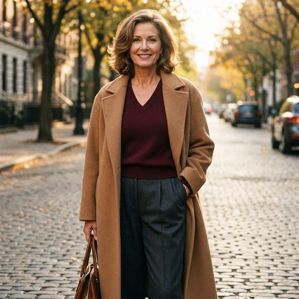 Deep-Burgundy V-Neck, Charcoal Creased Trousers, and Long Camel Coat