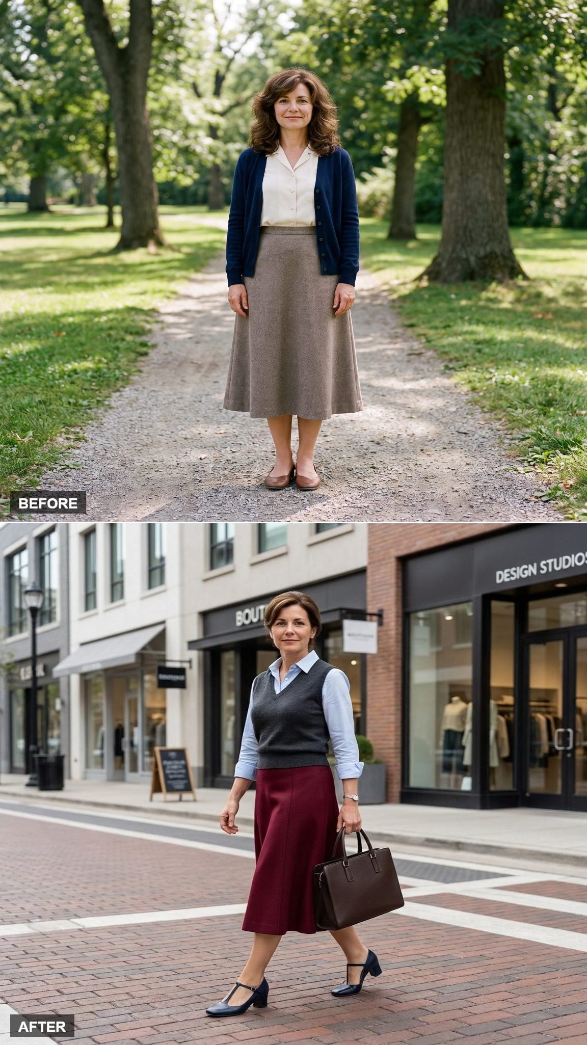 Deep-Cherry Paneled Midi with a Shirt-and-Vest Layer, T-Bar Heels, and a Briefcase Tote on a Design-District Street
