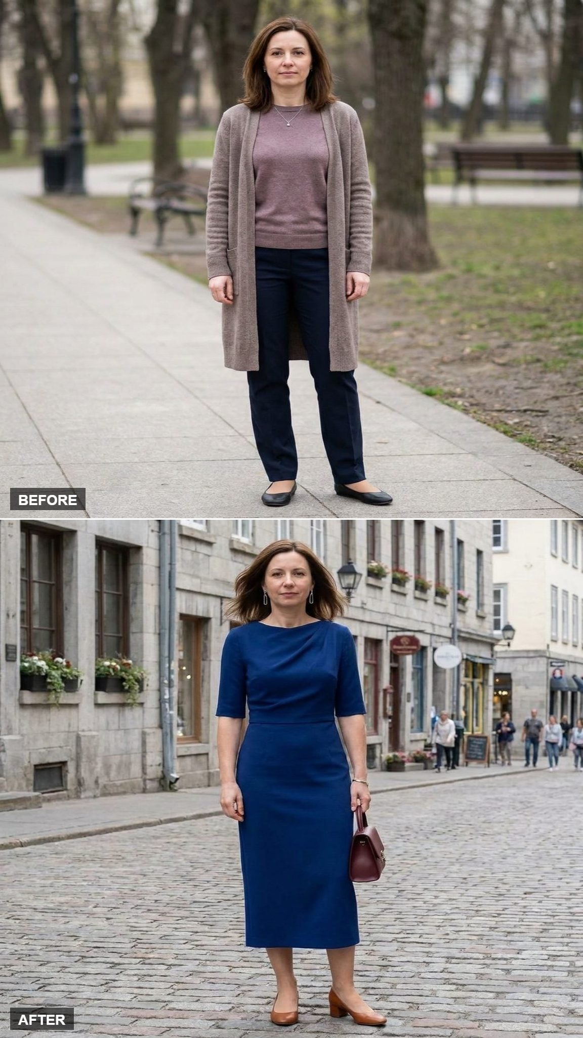 Deep-Cobalt Column Midi Dress and Cognac Block Heels on a Cobblestone Heritage Street