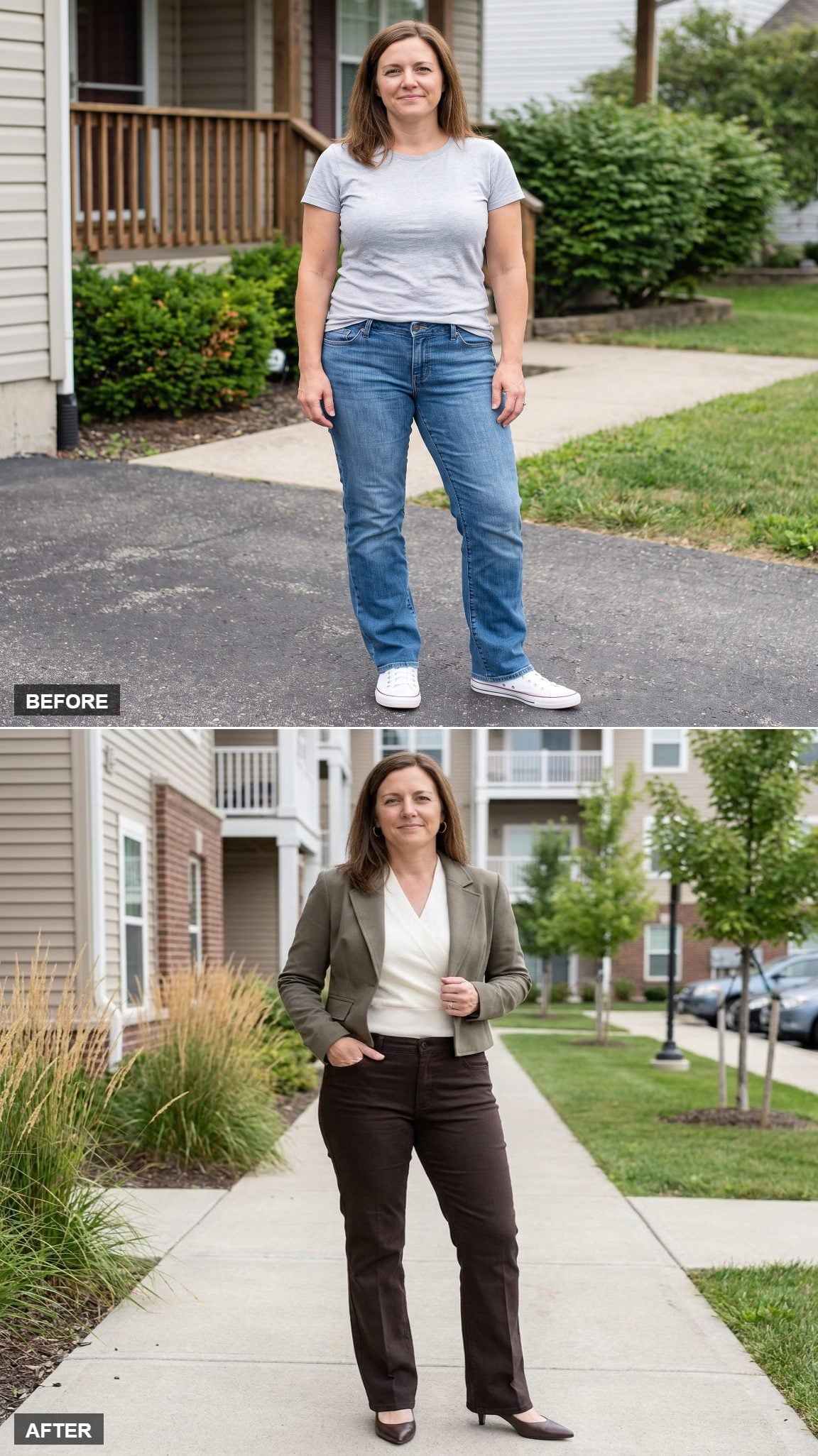 Deep Espresso Trouser-Bootcut Jeans, Silk Blouse, Cognac Belt, and Pointed Heels Along a Landscaped Apartment Walk