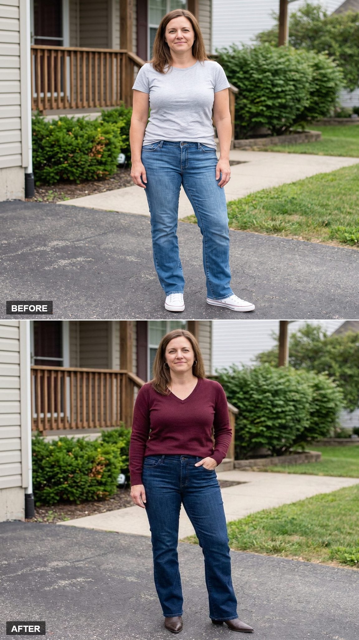 Deep-Indigo Bootcut Jeans and a Cognac Belt Turn a Driveway Moment Into a Full Look
