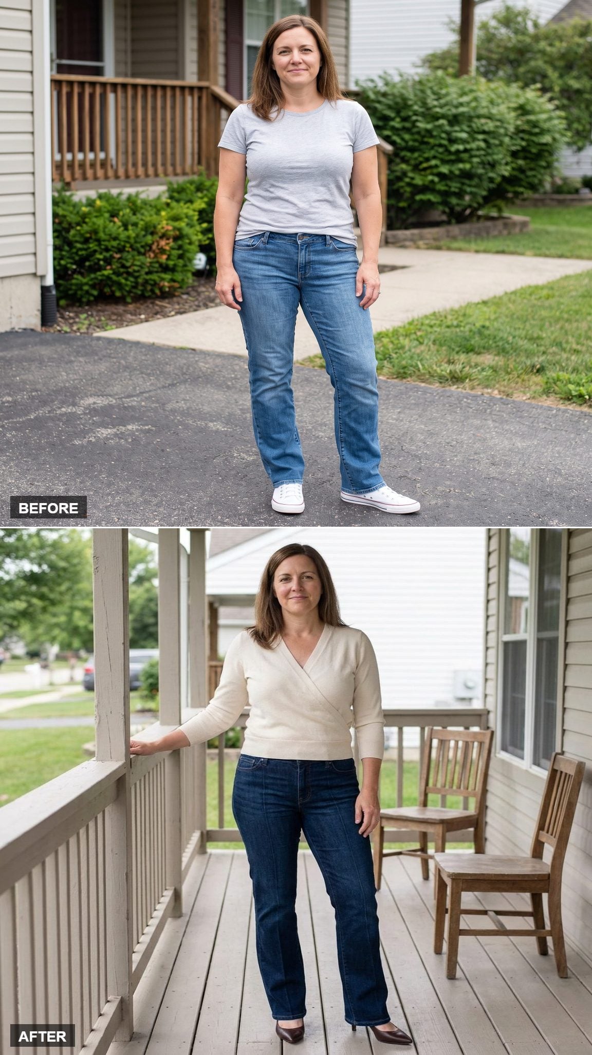 Deep-Indigo Demi-Flares, Cream Wrap Knit, and Dark-Brown Pointed Heels on a Covered Porch