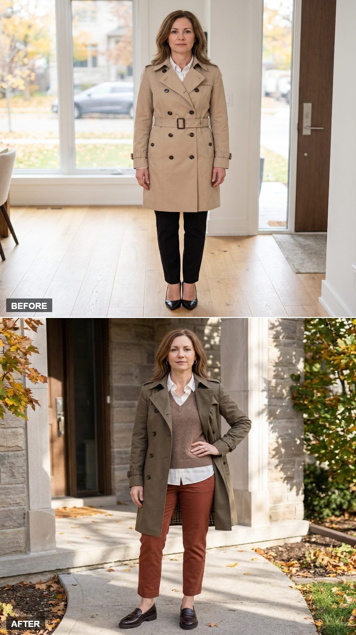 Deep Khaki Double-Breasted Trench With Sweater Vest Layering, Brick Chinos, and Espresso Penny Loafers