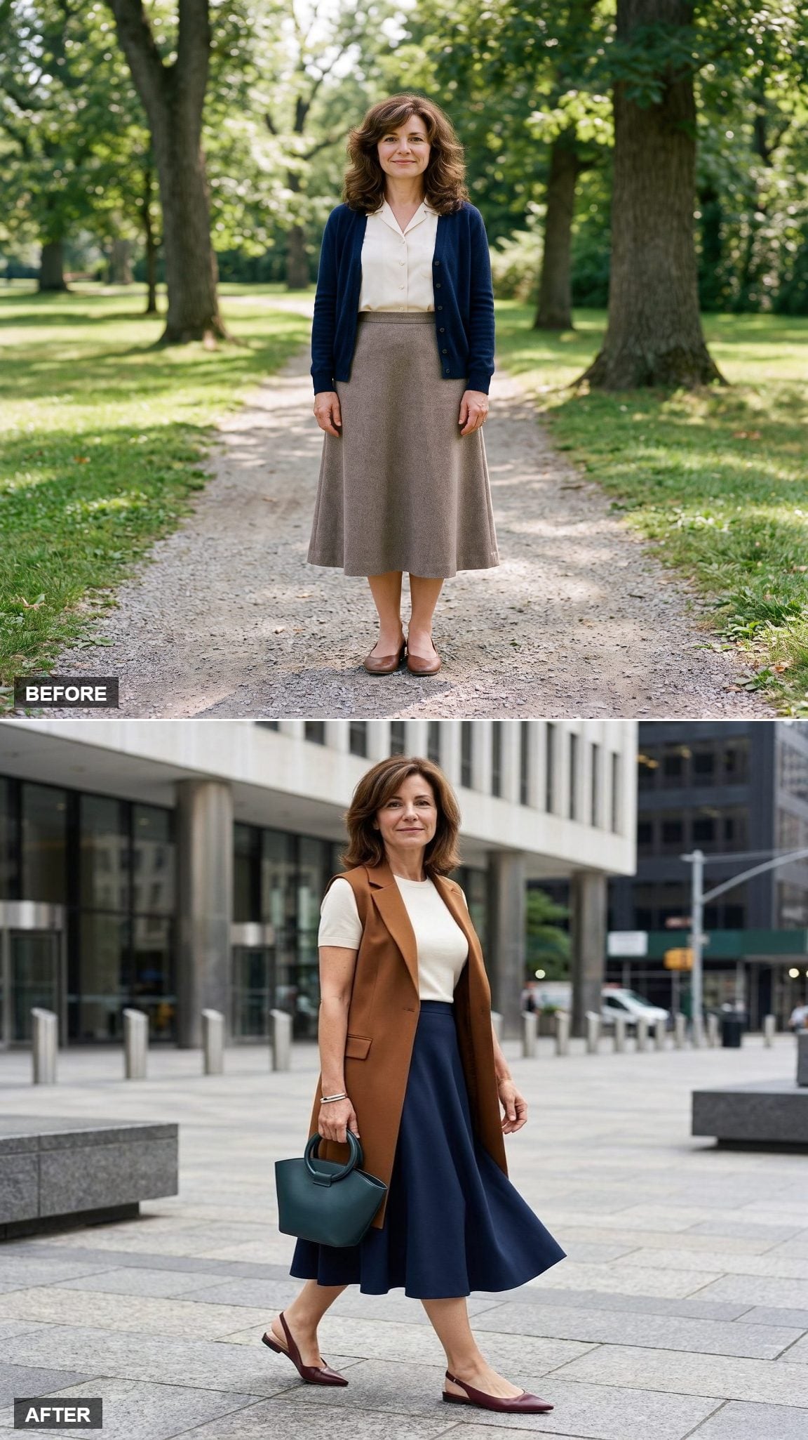 Deep-Navy Circle Midi, Ivory Crew-Neck Tee, Long Tobacco Vest, and Flat Slingbacks Across the Plaza