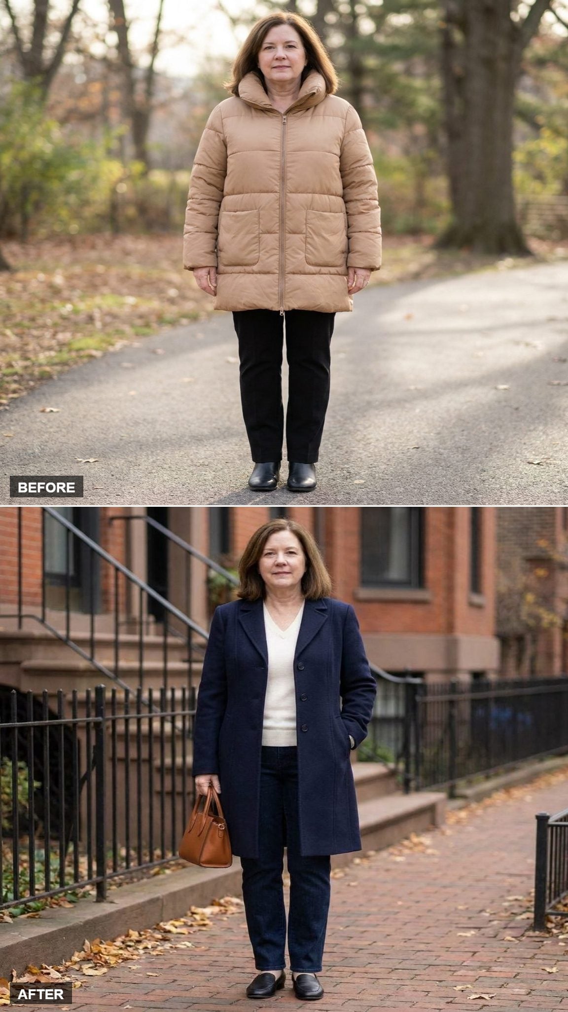 Deep Navy Princess-Seam Tailored Coat on a Brick Townhouse Sidewalk