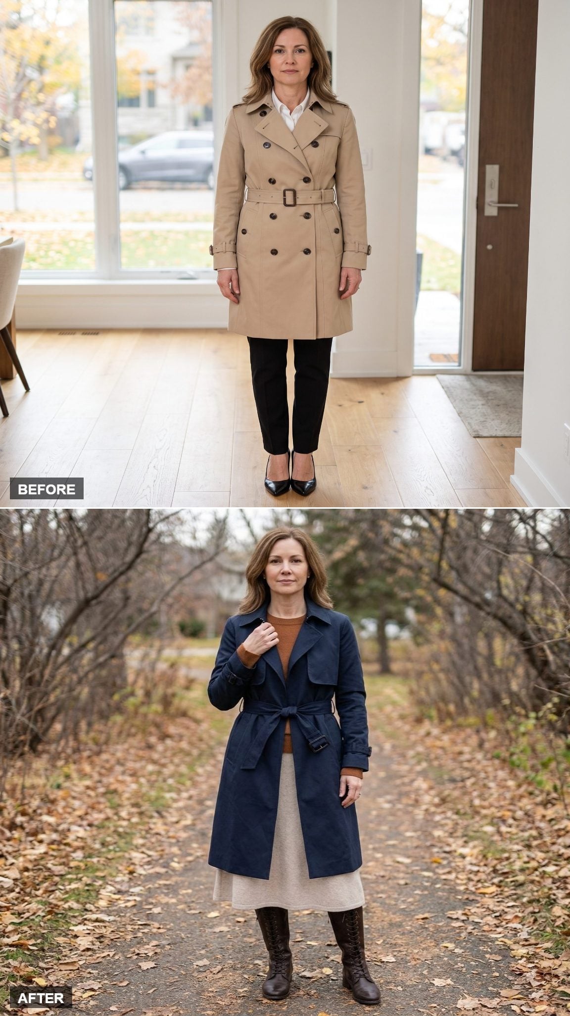 Deep Navy Relaxed Trench + Cinnamon Crewneck + Oatmeal Knit Midi Skirt + Espresso Tall Lace-Up Boots