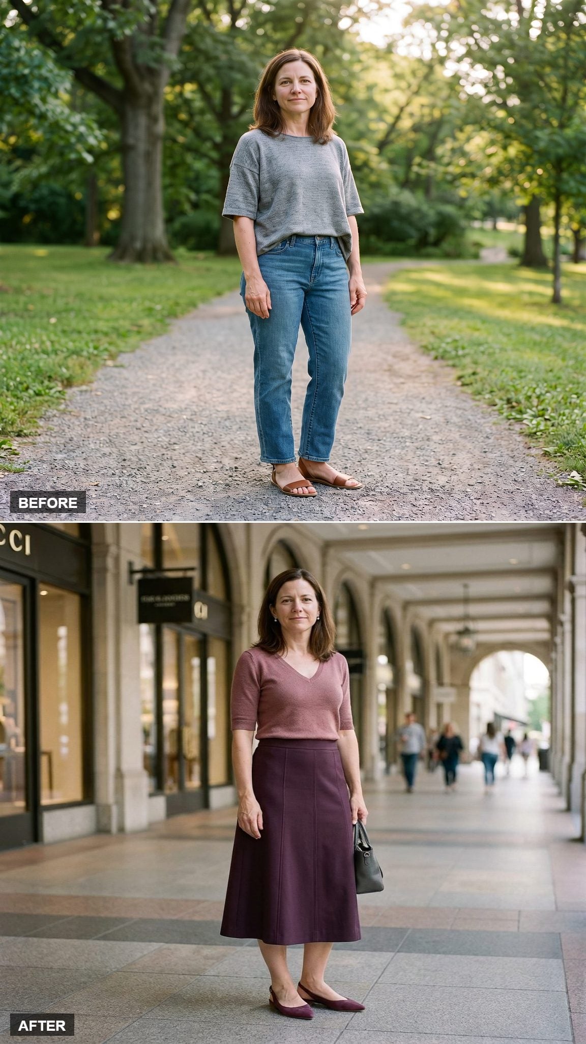 Deep-Plum A-Line Midi Skirt and Dusty-Rose V-Neck Knit With Matching Plum Flats
