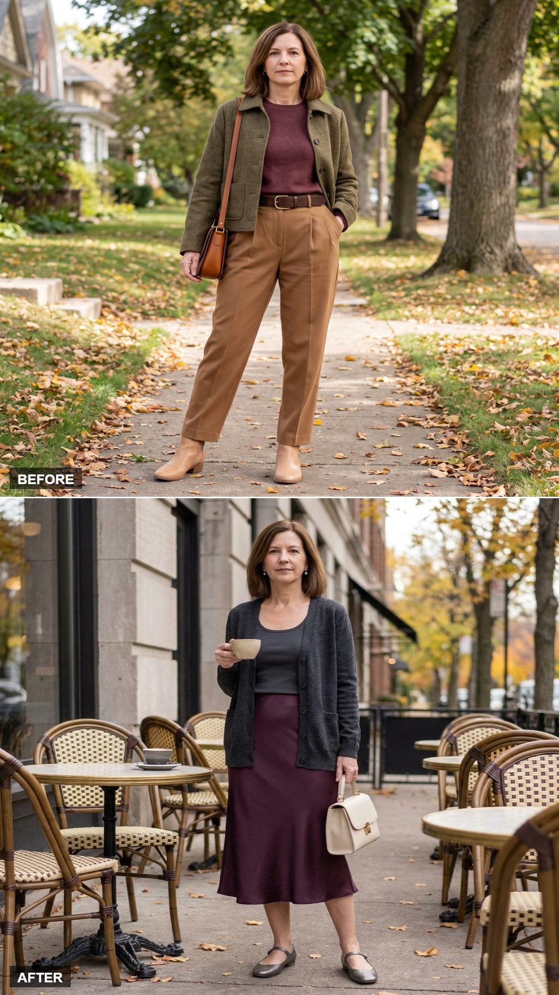 Deep-Plum Bias Satin Midi Skirt With an Open Charcoal Cardigan, Diagonal Fabric and Vertical Edges