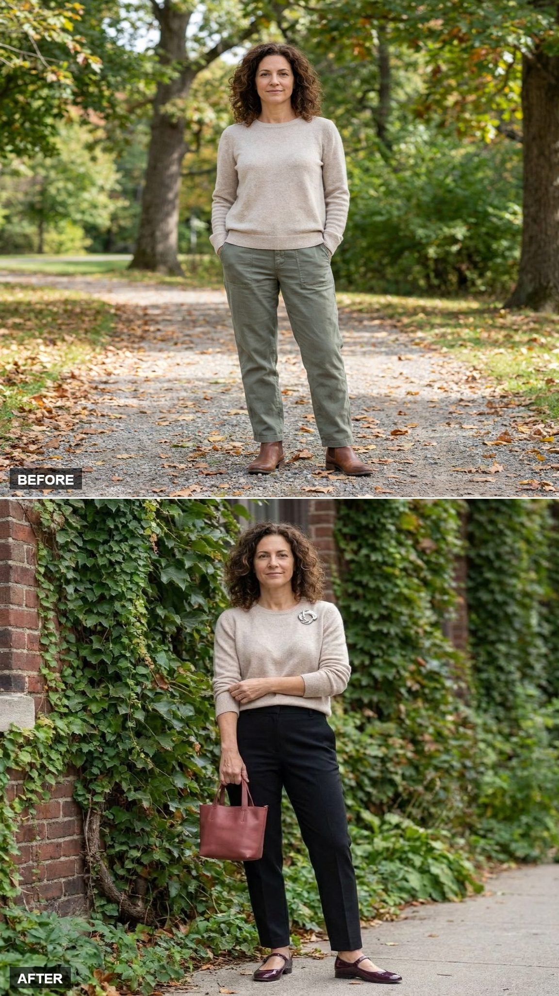 Deep-Plum Mary Janes + Black Tapered Trousers Make the Crewneck Work Harder