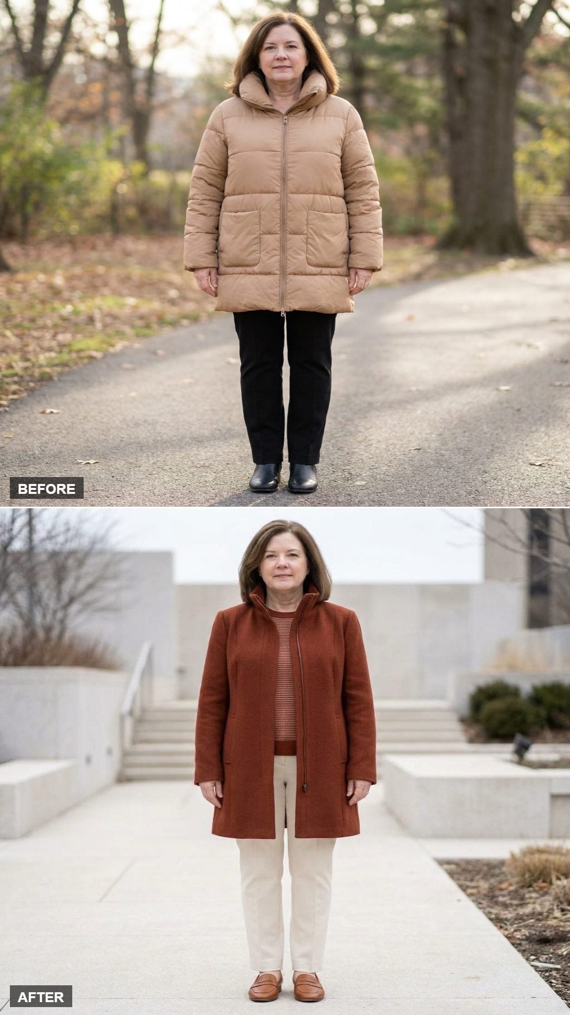 A Deep-Rust Funnel Neck and One Vertical Zipper Line That Does All the Work