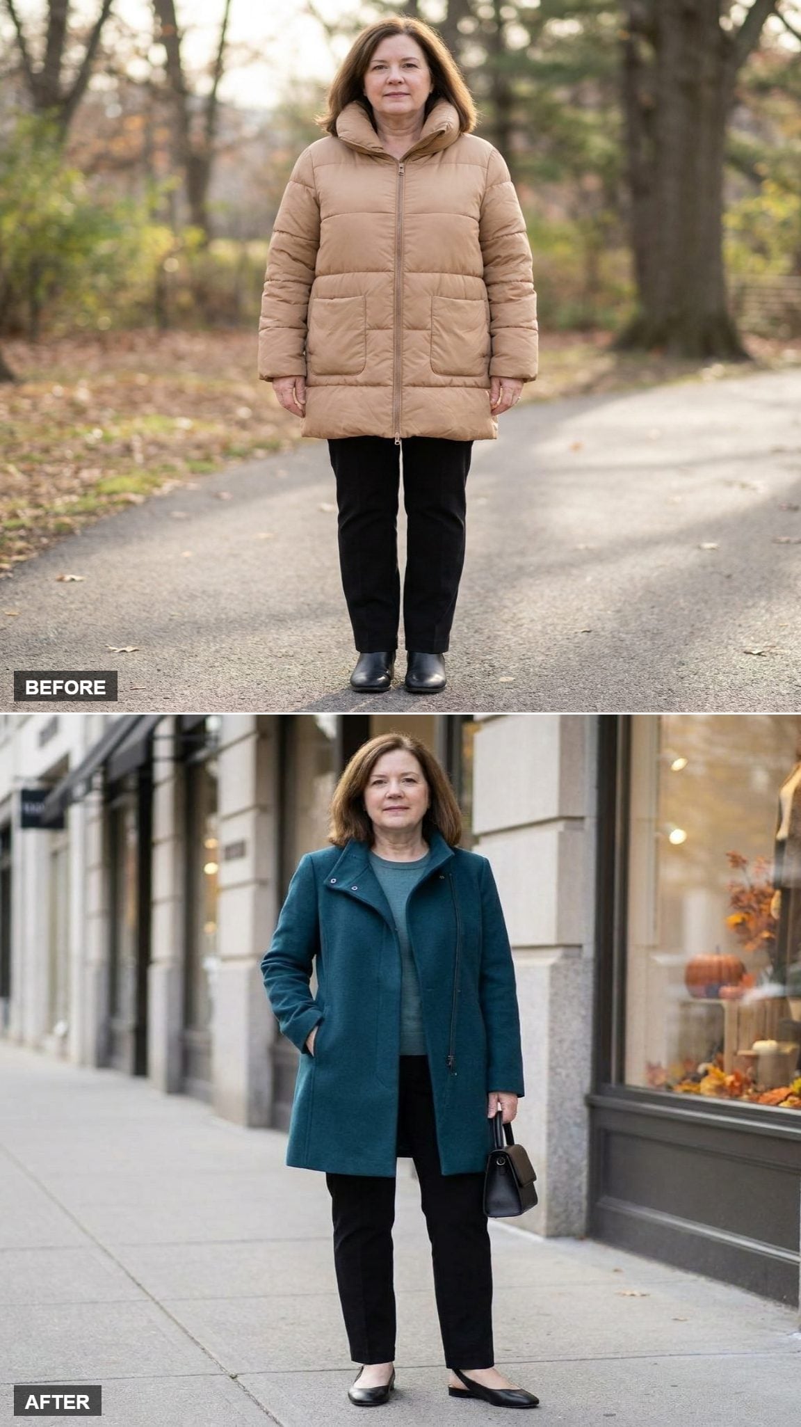 Deep Teal Asymmetric Wool Coat with Black Straight-Leg Trousers on an Upscale Shopping Street