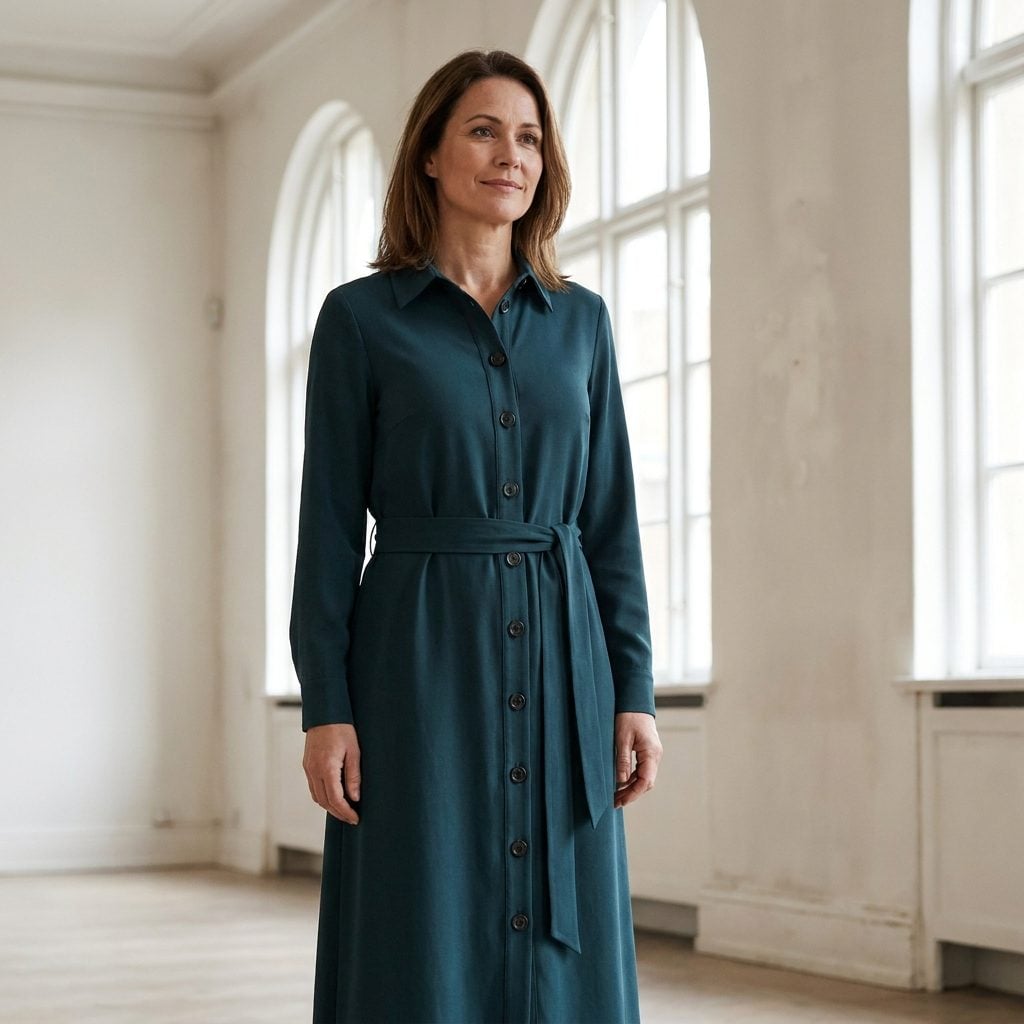 Deep-Teal Belted Shirt Dress