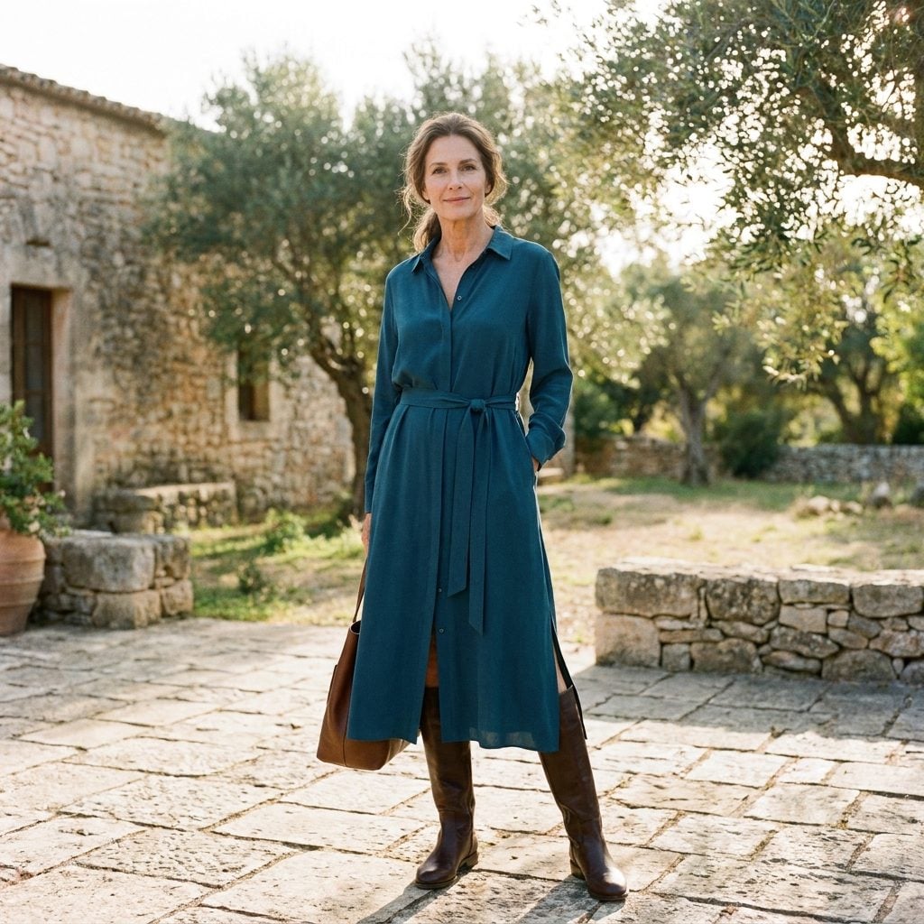 Deep-Teal Belted Shirt Dress With Tall Leather Boots
