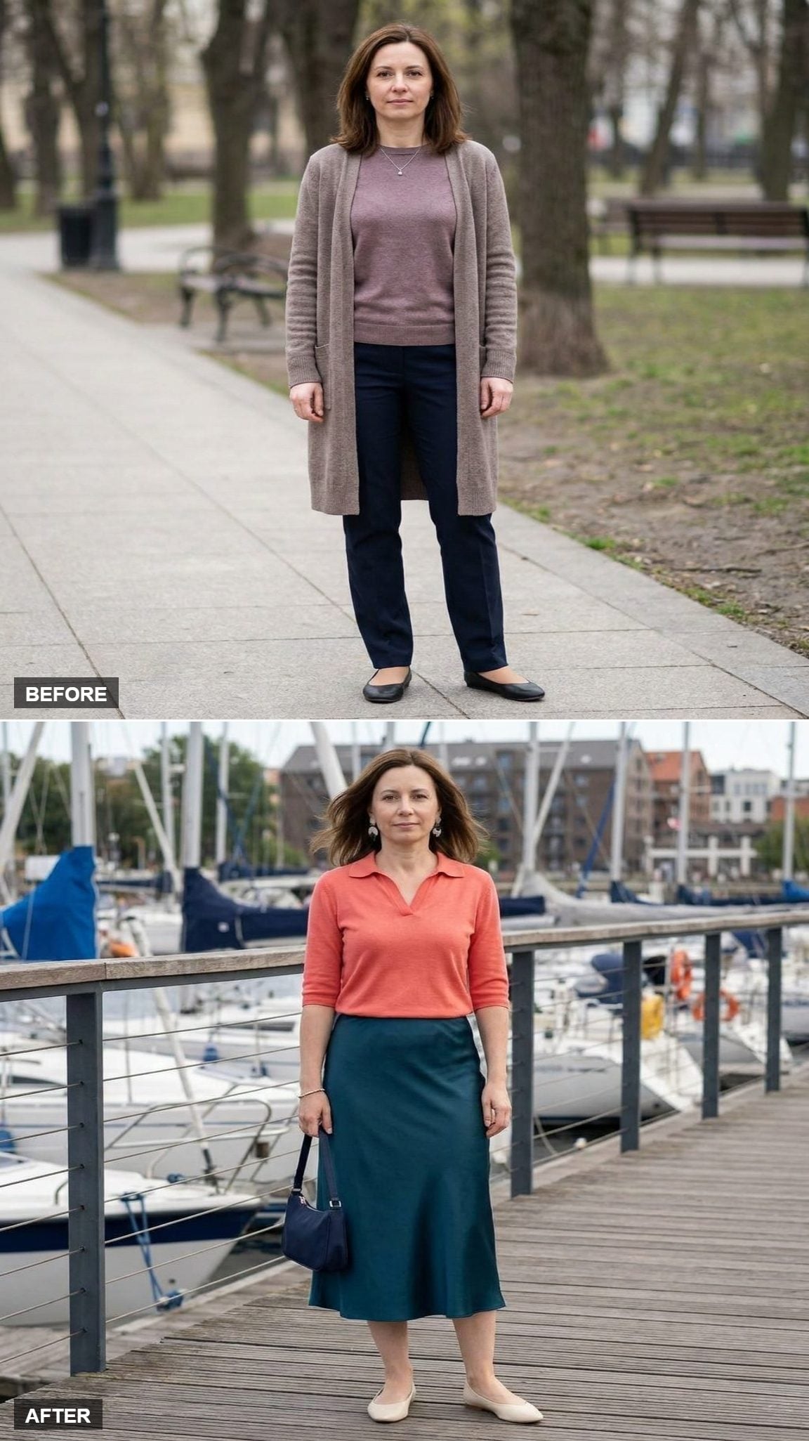 Deep-Teal Bias Midi Skirt, Coral Polo Knit, and Cream Ballet Flats at a Marina Promenade