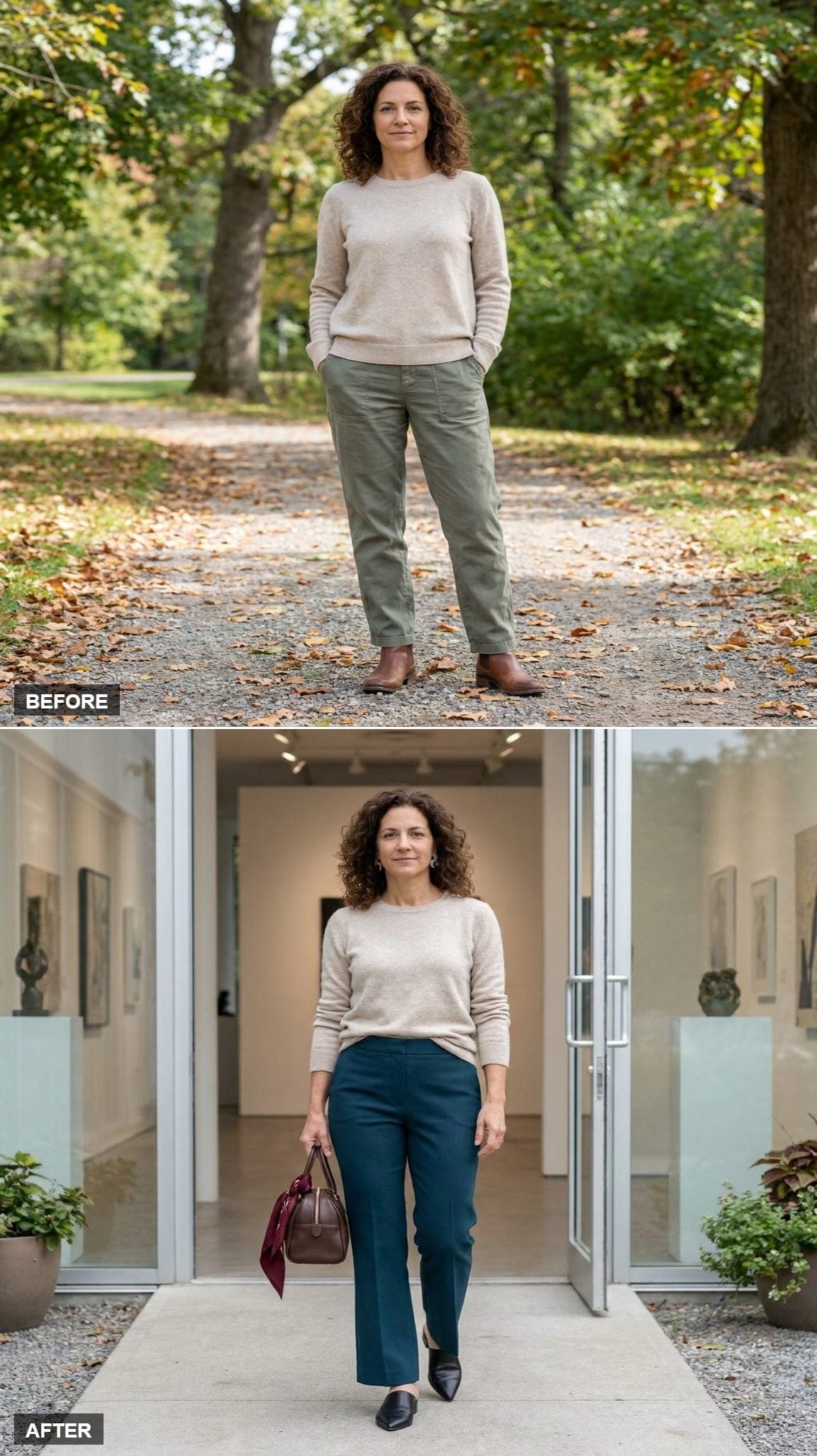 Deep-Teal Flared Trousers, a One-Sided Tuck, and a Scarf Tied to the Bag