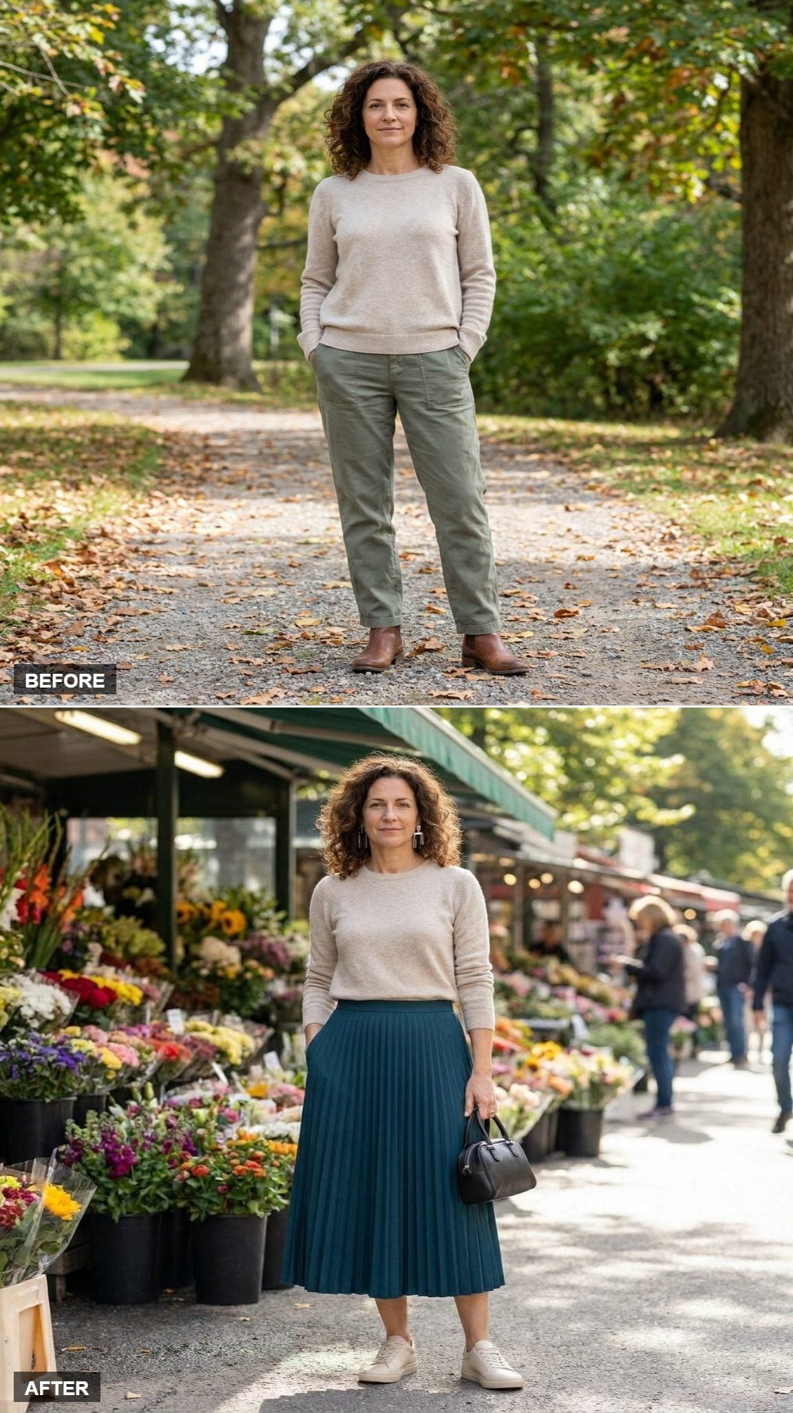 Deep-Teal Knife-Pleated Midi and Cream Sneakers That Make a Crewneck Look Like a Choice