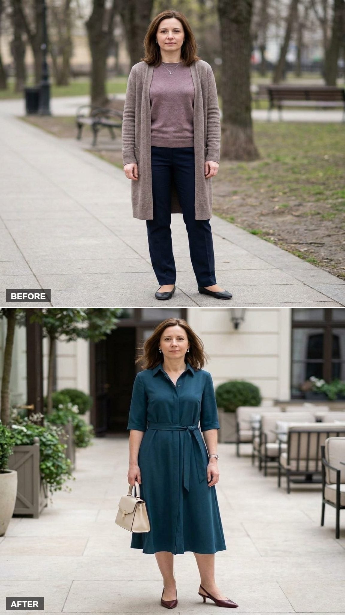 Deep-Teal Midi Shirt Dress with Oxblood Kitten Heels in a Boutique Hotel Courtyard