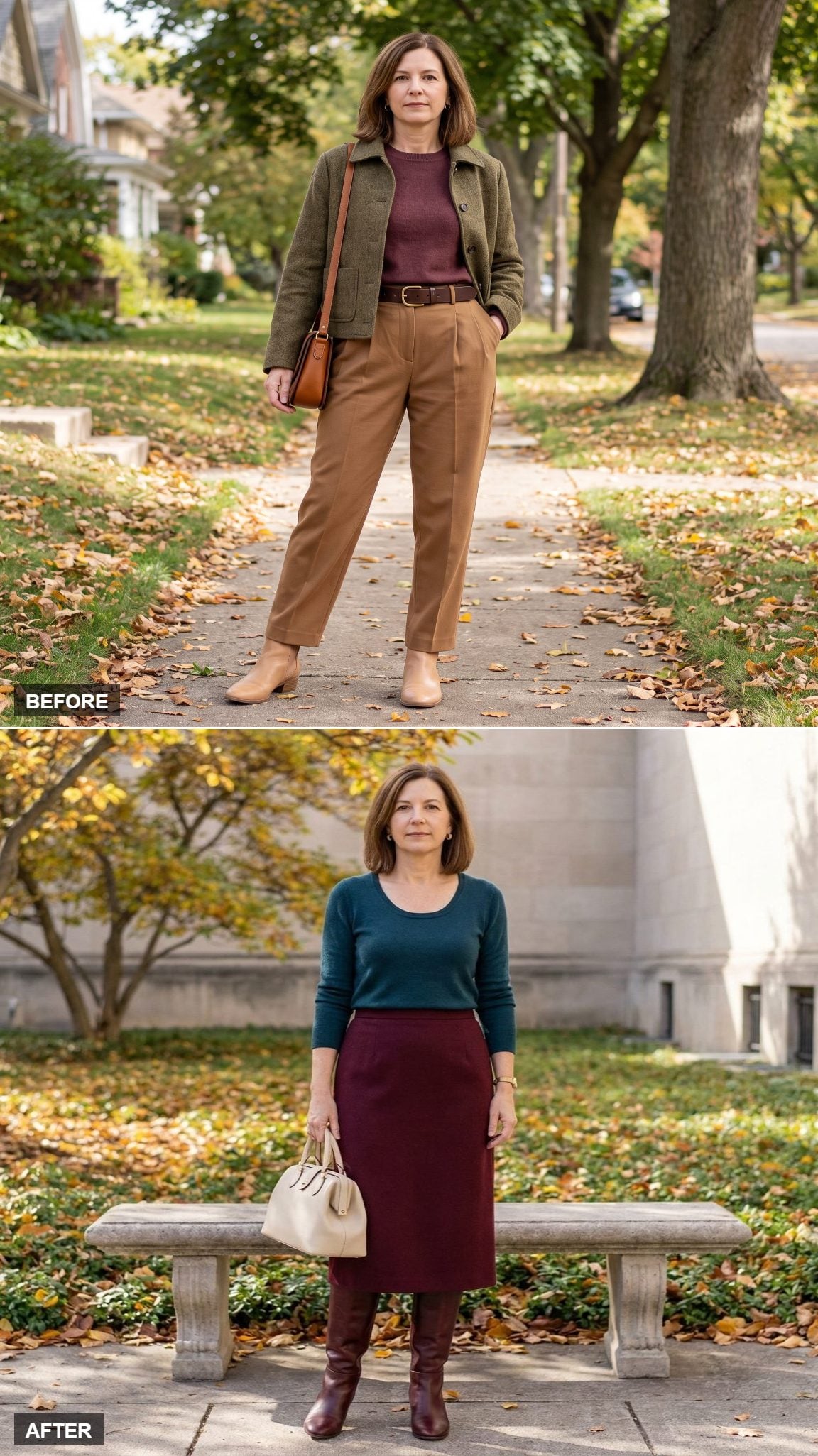 Deep-Teal Scoop Knit Paired With a Straight Burgundy Wool Midi and Oxblood Knee Boots