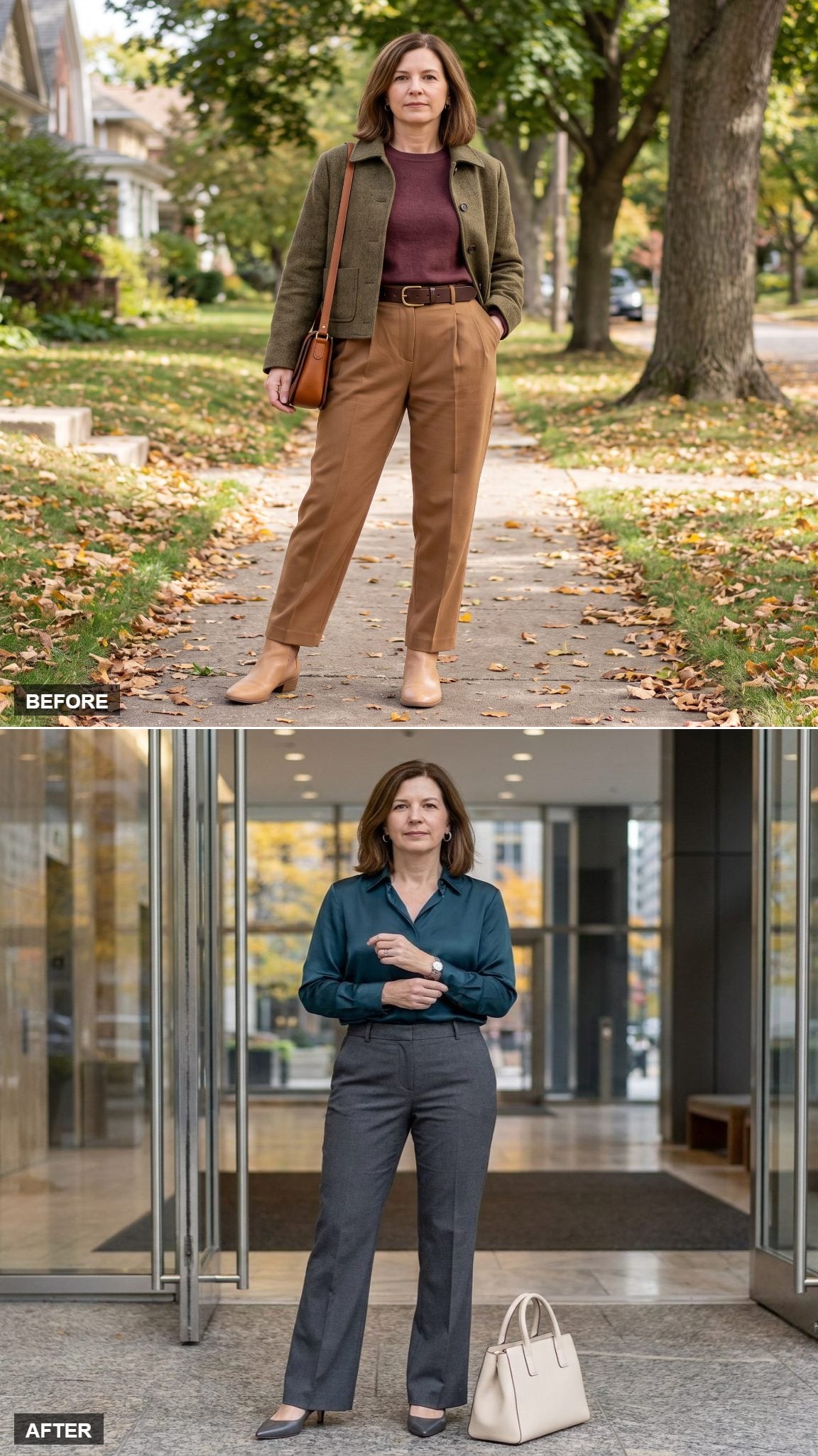 Deep-Teal Silk Blouse and Graphite Flared Trousers: An Open Collar Can Do More Than a Belt