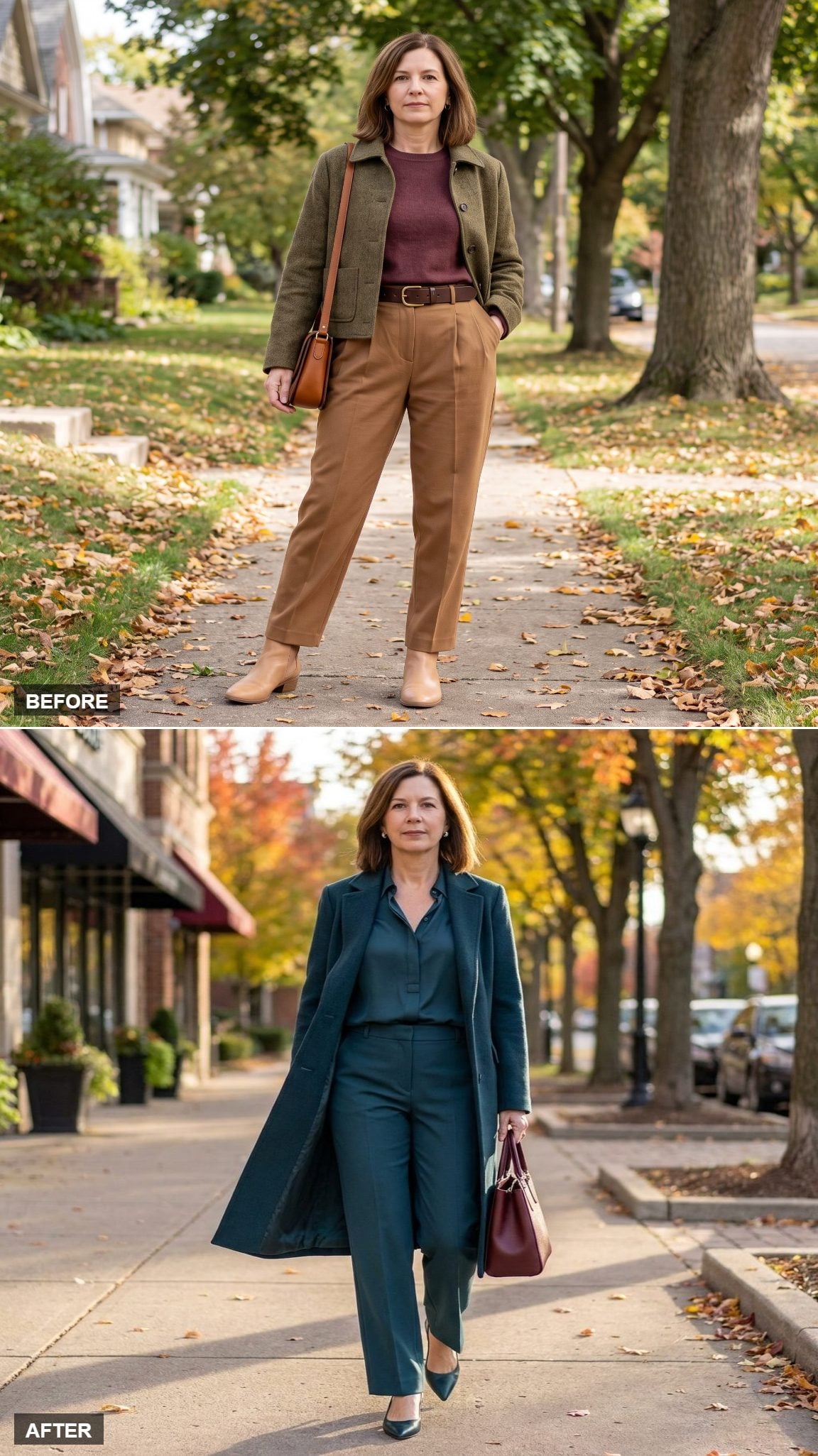 Deep-Teal Silk Blouse, Petrol Wide-Leg Trousers, Matching Coat, and One Burgundy Bag