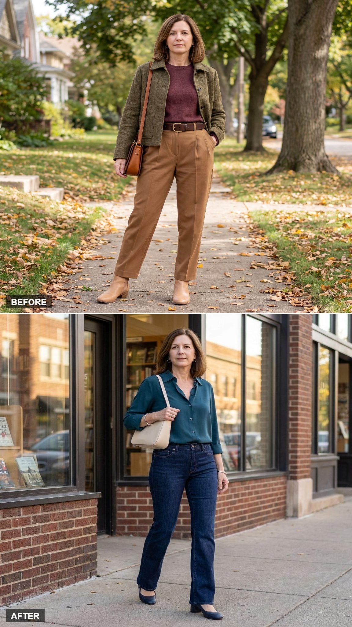 Deep-Teal Silk Open-Collar Blouse and Dark-Indigo Bootcut Jeans With a Low Block Heel