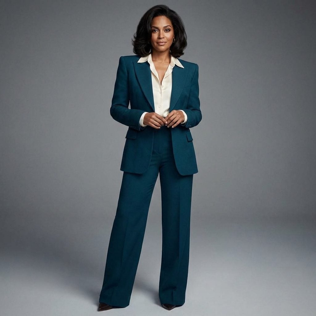 Deep Teal Suit With a Cream Open-Collar Blouse