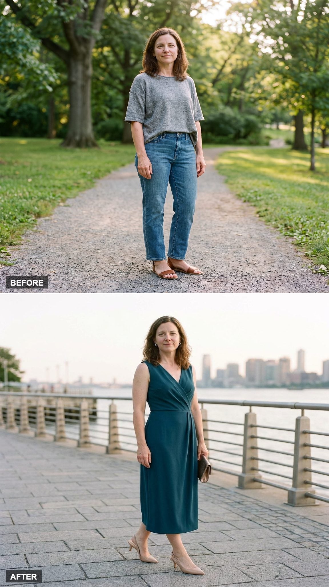 Deep-Teal Wrap-Midi With Bronze Clutch and Nude Kitten Heels