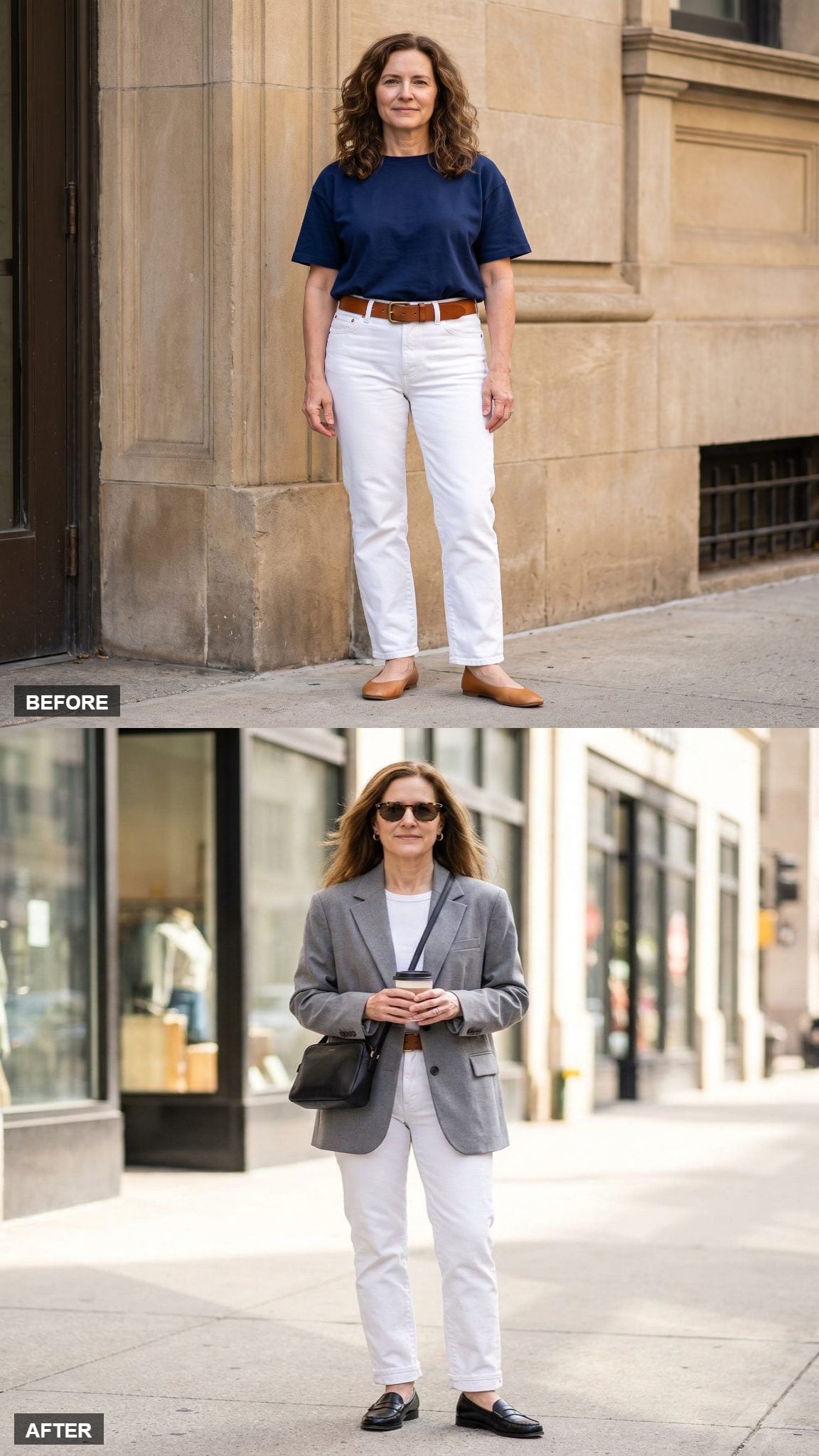 Downtown Coffee Run in Gray Blazer and Loafers
