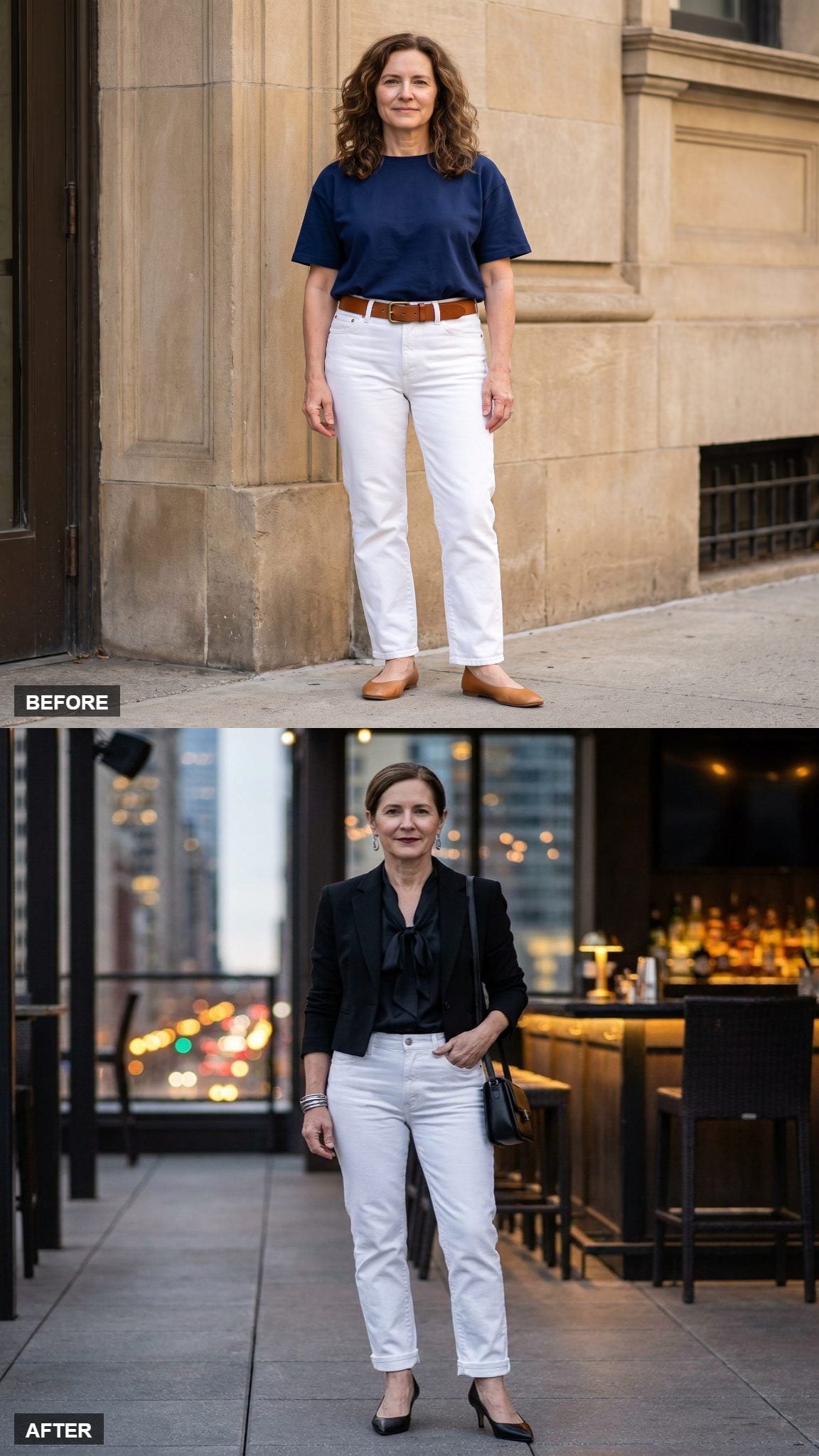 Downtown Evening in Ink Silk and Slim White Denim