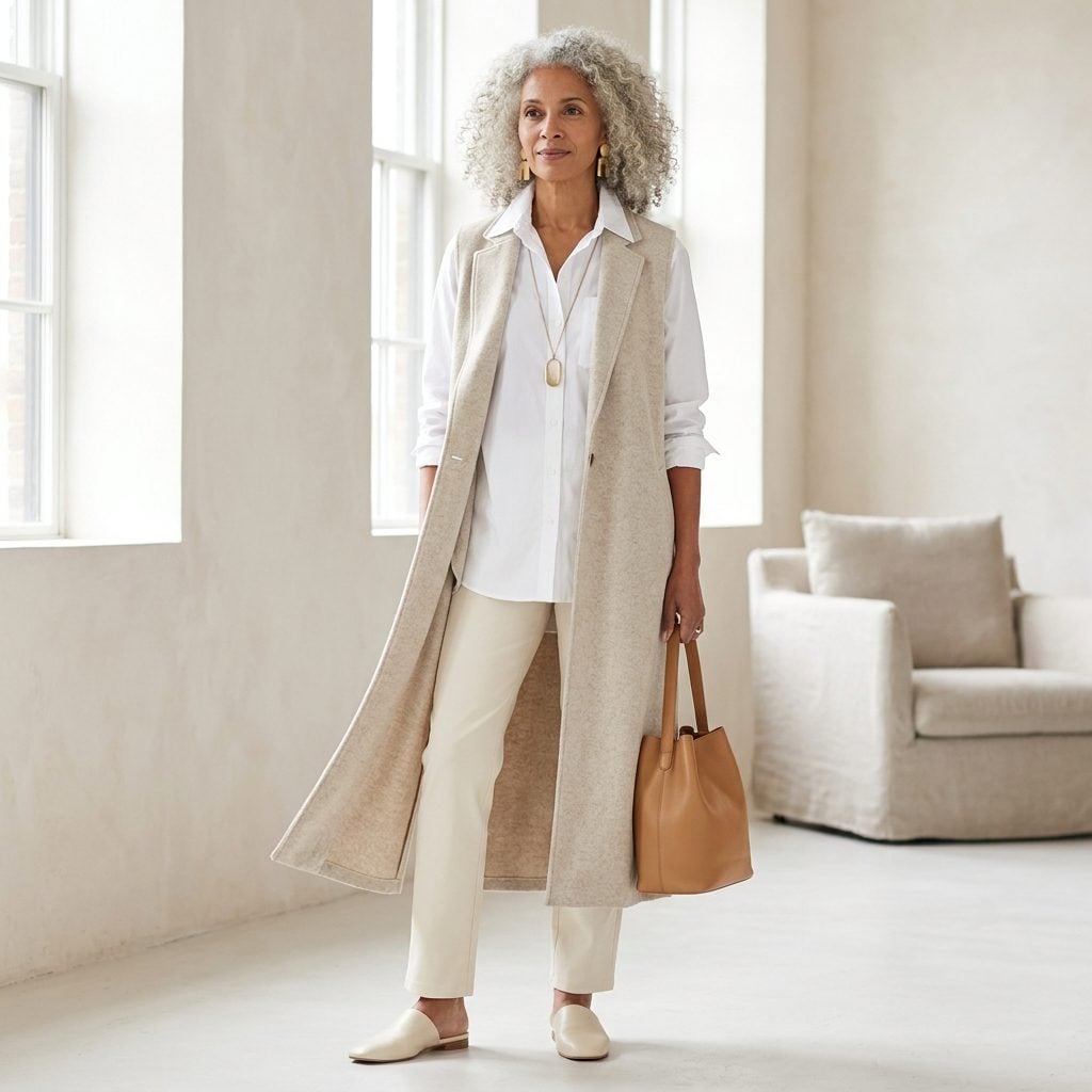 Draped Under a Long Sleeveless Duster Vest