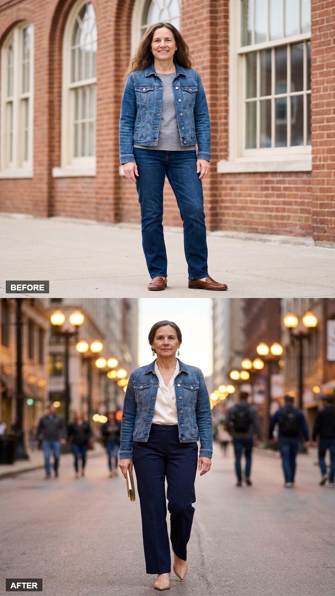 Dusk City Walk in an Elegant Blouse, Wide-Leg Trousers, and Heeled Mules