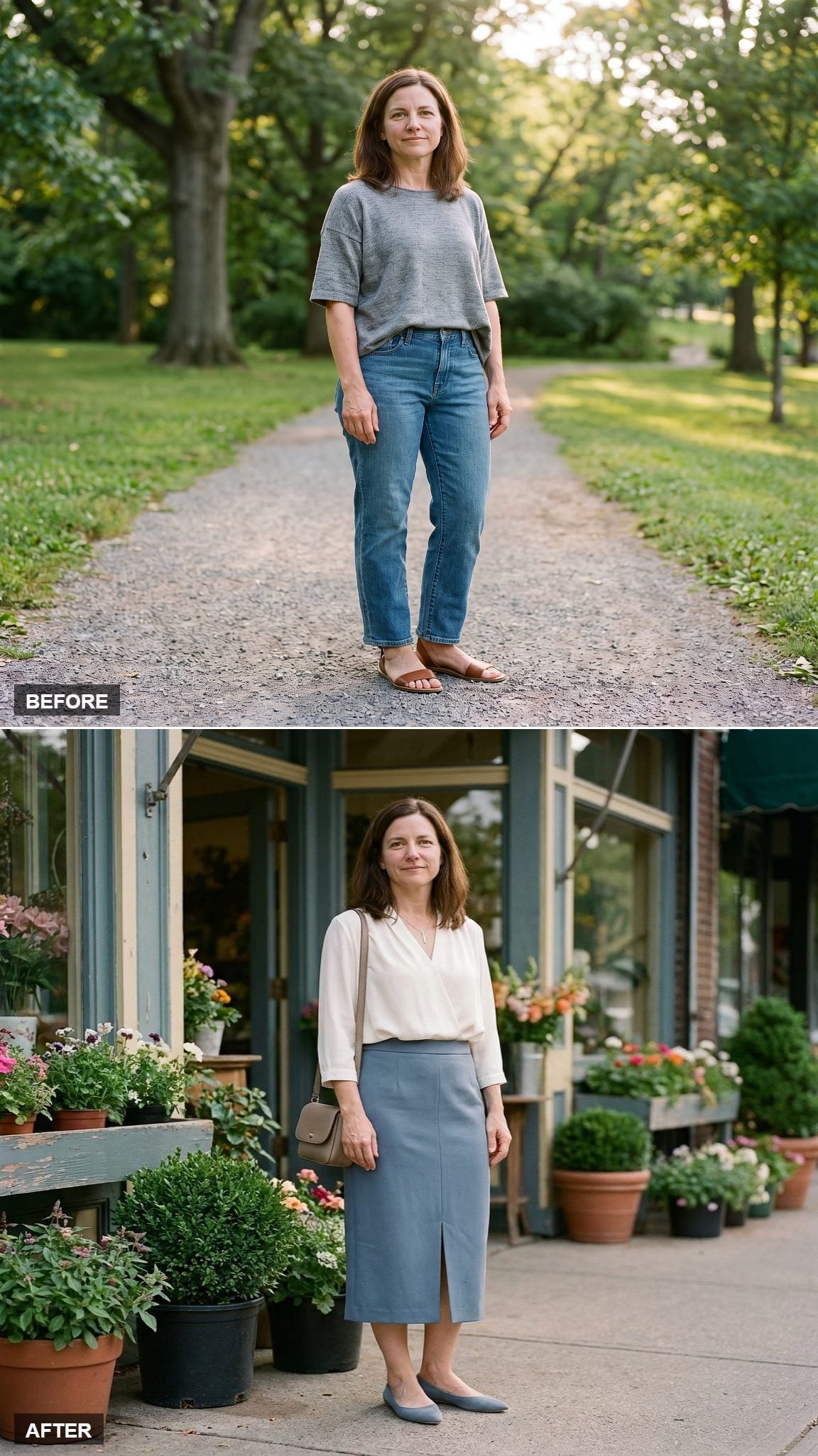 Dusty-Blue Midi Skirt with Vertical Seaming, Ivory V-Neck Blouse, and Tonal Pointed Flats