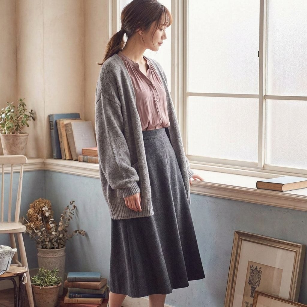 Dusty-Rose Blouse, Charcoal A-Line Skirt, and the Gray Cardigan Worn Open