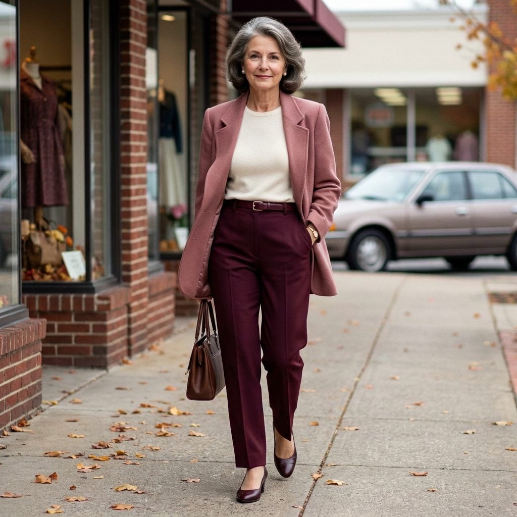 Dusty-Rose Longline Blazer + Burgundy Trousers + Ivory Shell