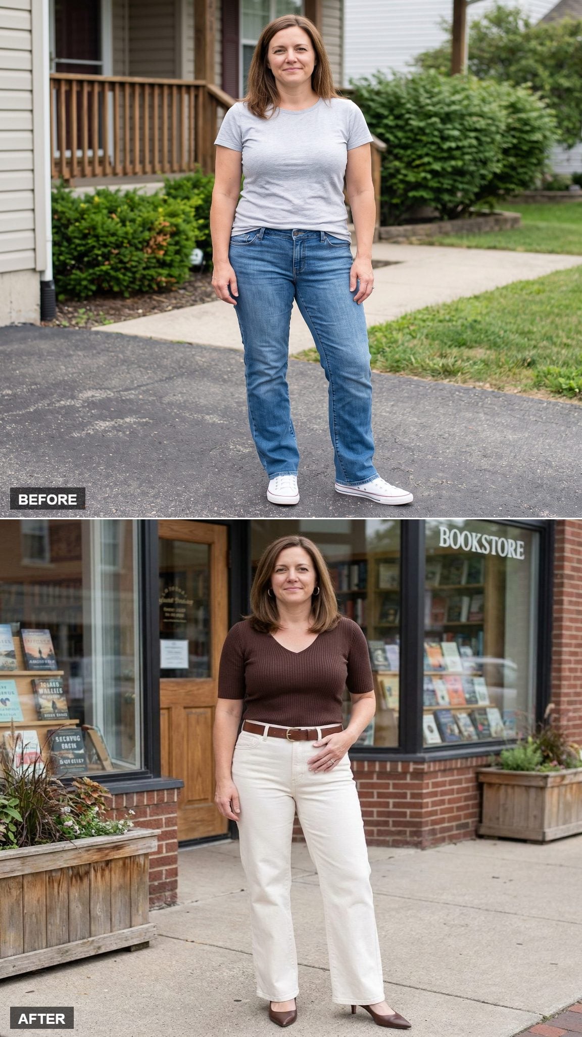Ecru Wide-Leg Jeans, a Fitted Chocolate Ribbed Knit, and a Tonal Belt Prove Light Denim Can Streamline