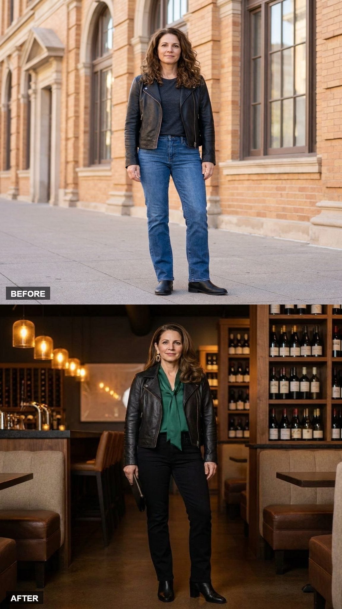 Emerald Silk Blouse and Black Denim, the Moto Grounding the Color