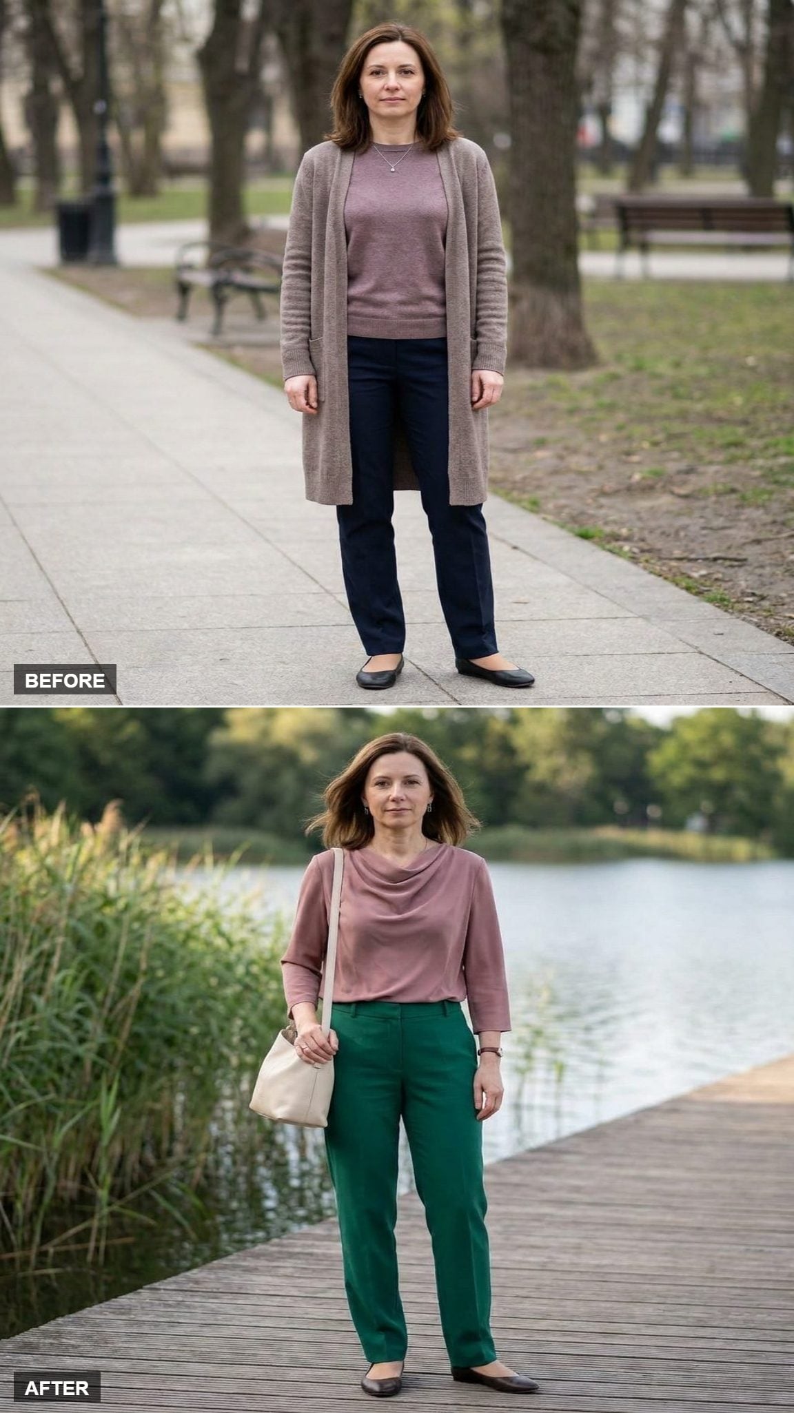 Emerald Trousers and Dusty-Rose Drape on a Lakeside Boardwalk