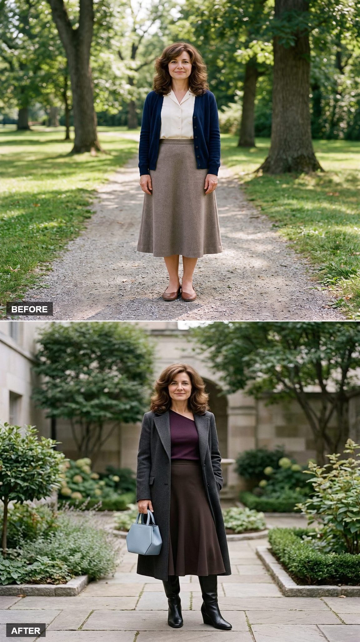 Espresso Fluid-Crepe Midi, Plum Asymmetric Knit, and Wedge Knee Boots in the Courtyard