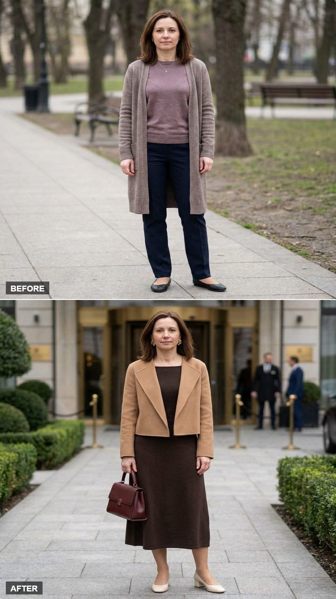 Espresso Knit Midi Dress, Camel Wrap Jacket, and an Oxblood Top-Handle Bag at a Hotel Entrance