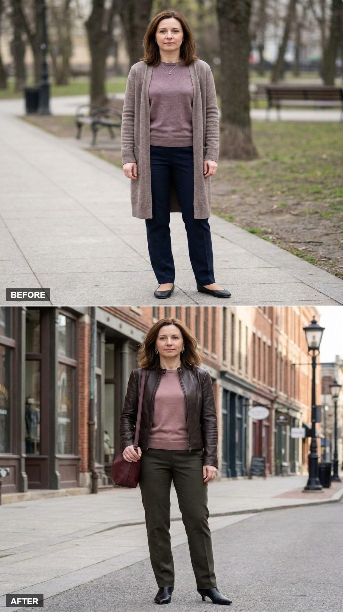 Espresso Leather Jacket, Dusty-Rose Shell, and Dark-Olive Trousers on a Historic Brick Street