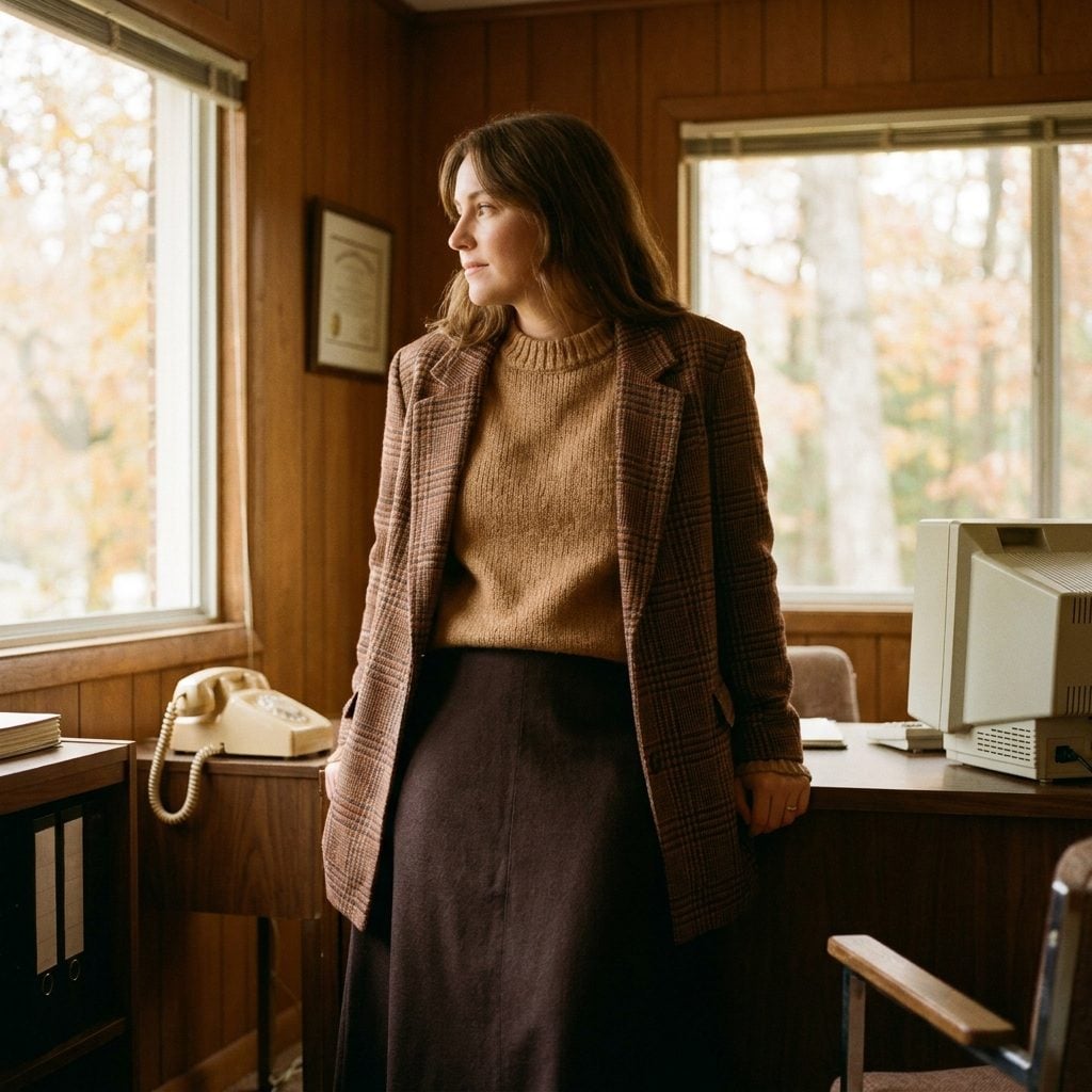 Espresso Skirt, Camel Sweater, and a Longline Plaid Jacket