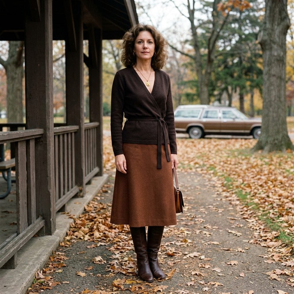 Espresso Wrap Cardigan + Rust Straight Skirt + Tall Brown Boots