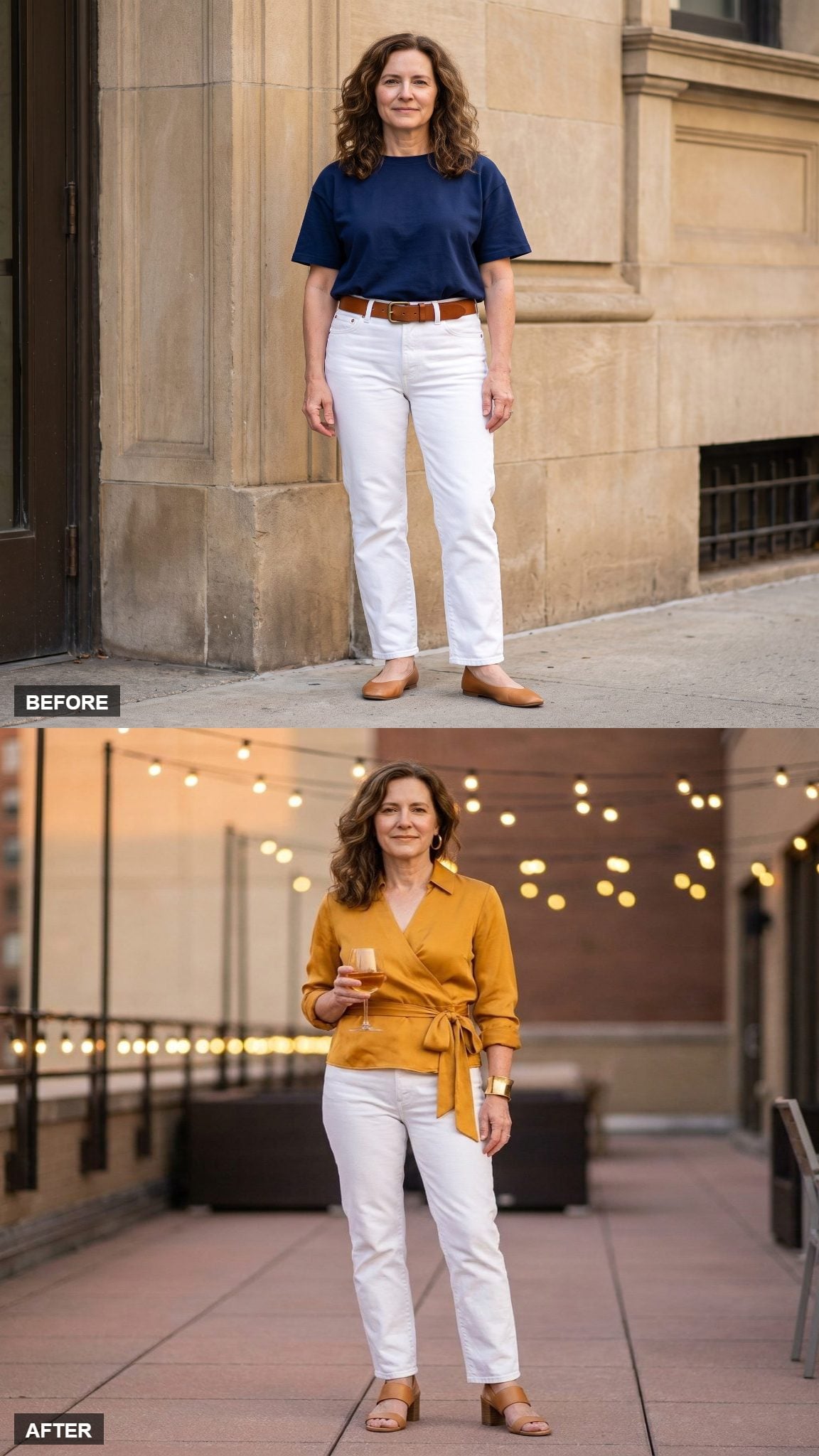 Evening Terrace Glow in Ochre Silk and Gold Cuffs