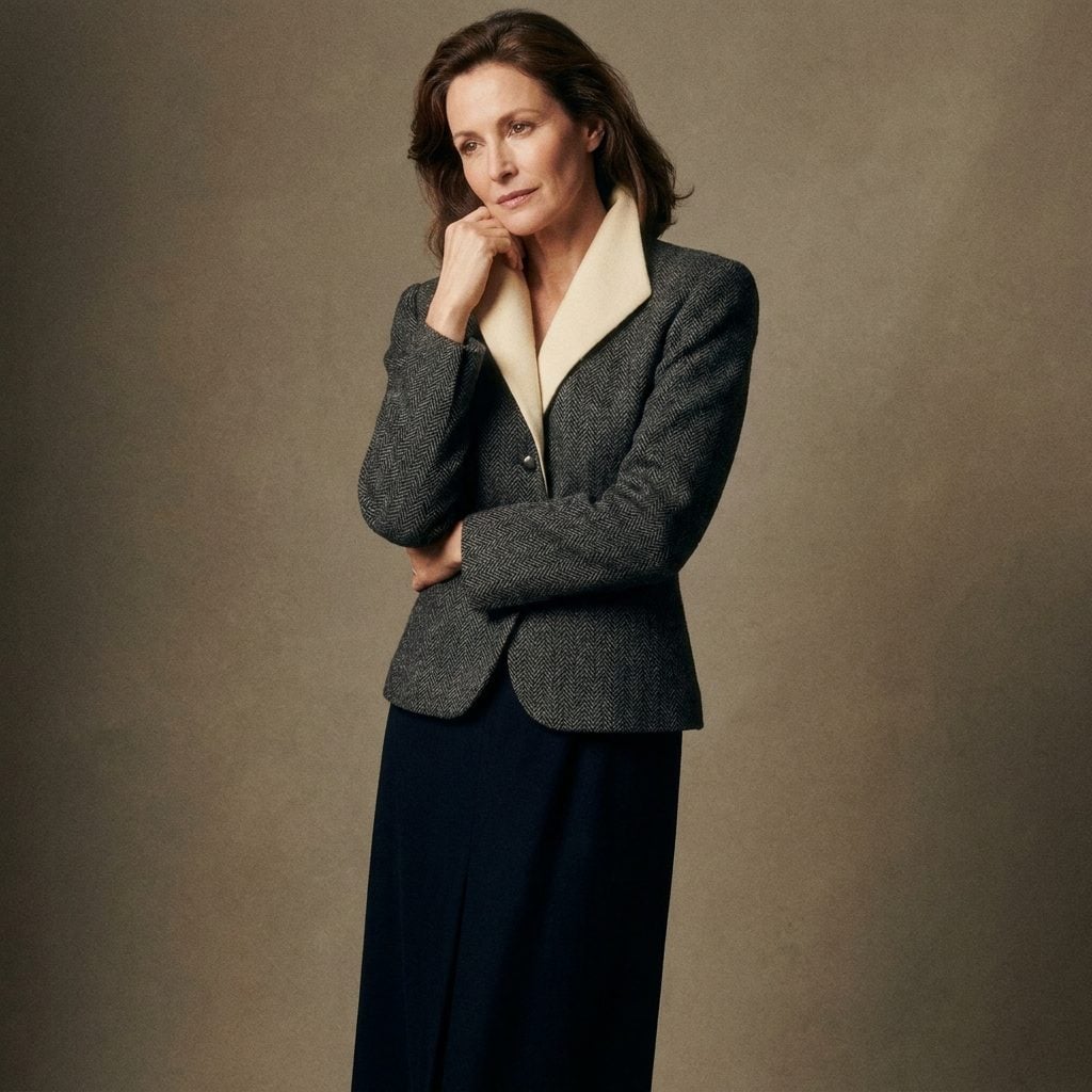 Fitted Herringbone Jacket + Dark Midi Skirt