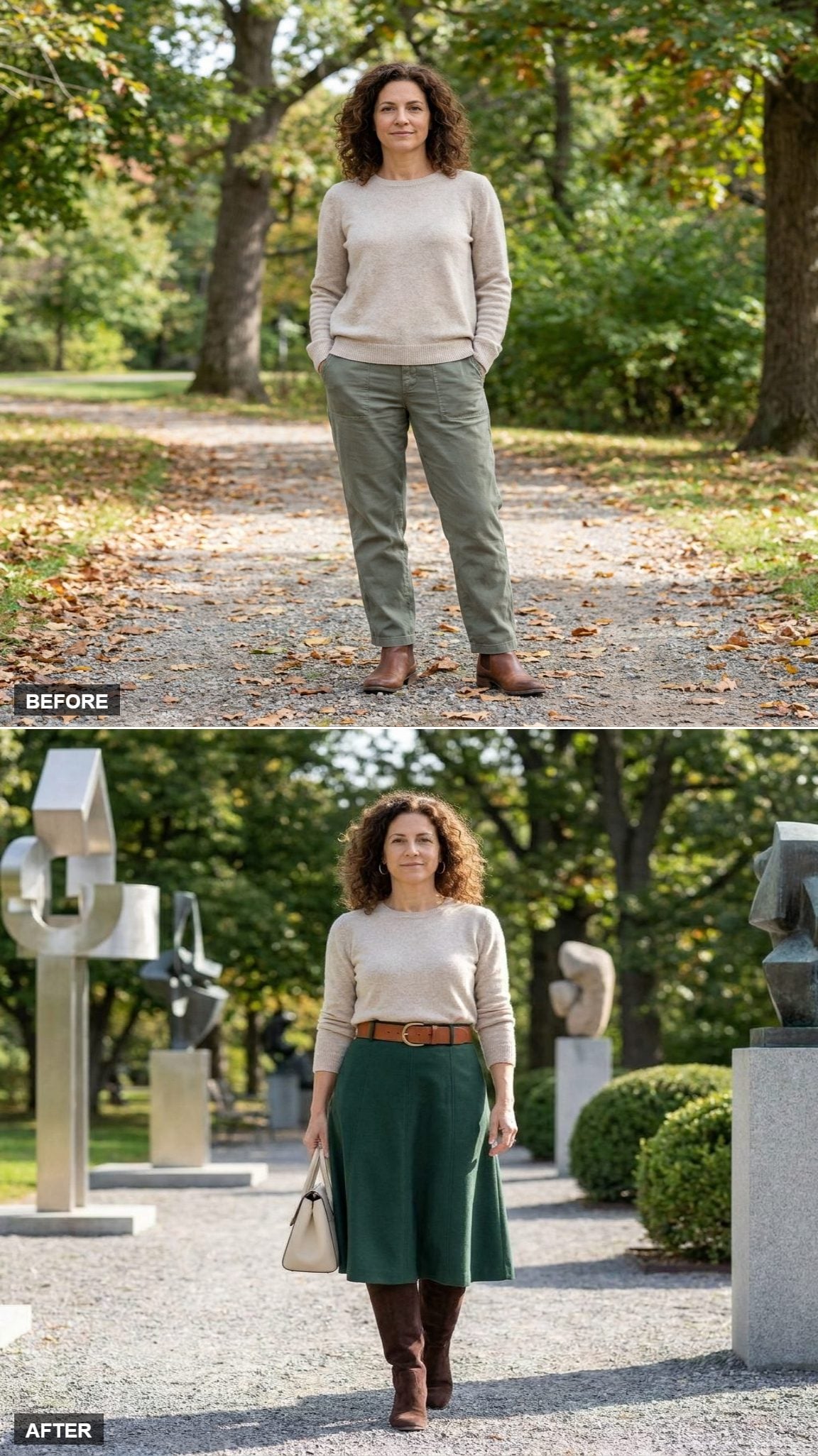 Forest-Green A-Line Midi Skirt, Cognac Belt, and the Architecture of a Good Waistband